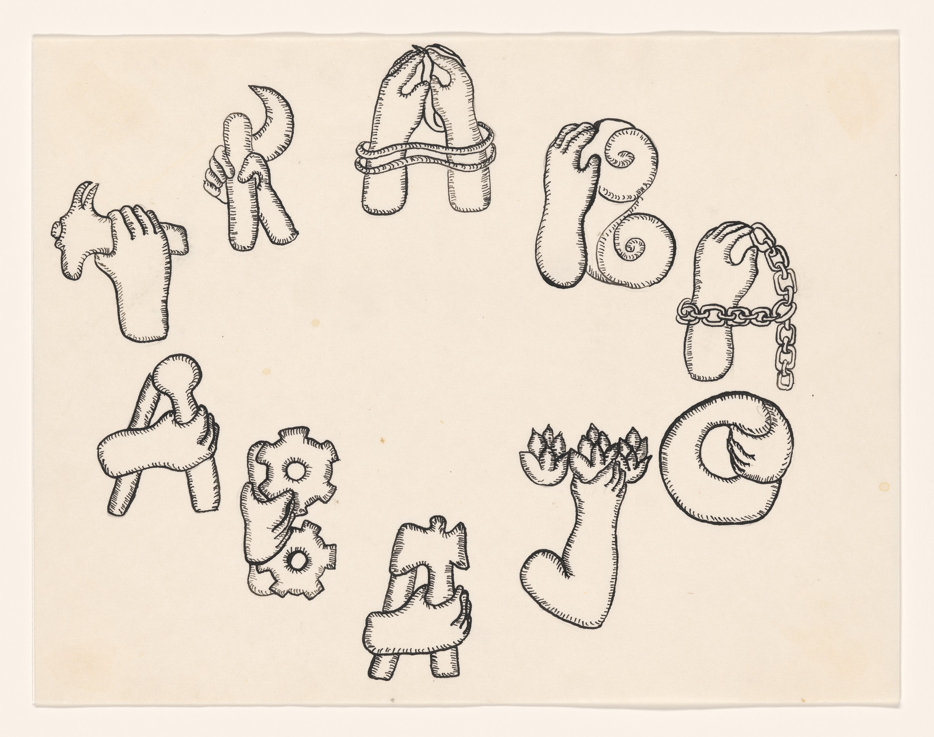 The image shows ten hand-drawn symbols resembling letters, each shaped with hand-like forms and various textures, in a circular arrangement on a beige background. Some symbols incorporate additional elements, like chains, gears, or claw-like protrusions. This is an AI generated description. To give feedback, email ai@moma.org.