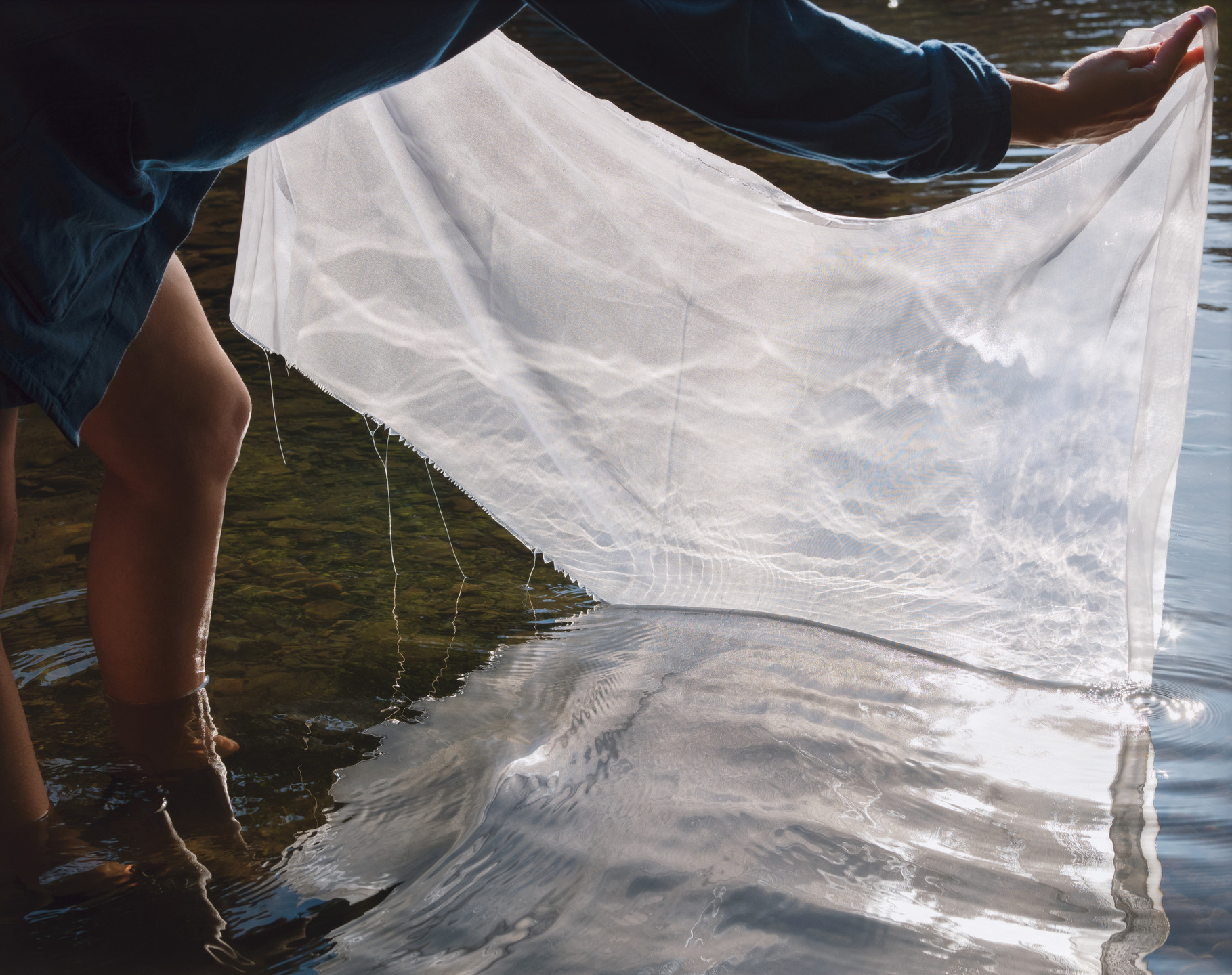 A person standing in shallow water is lifting a translucent white fabric, which reflects light and creates ripples on the water surface. The person&#39;s legs and blue clothing are partially visible. This is an AI generated description. To give feedback, email ai@moma.org.