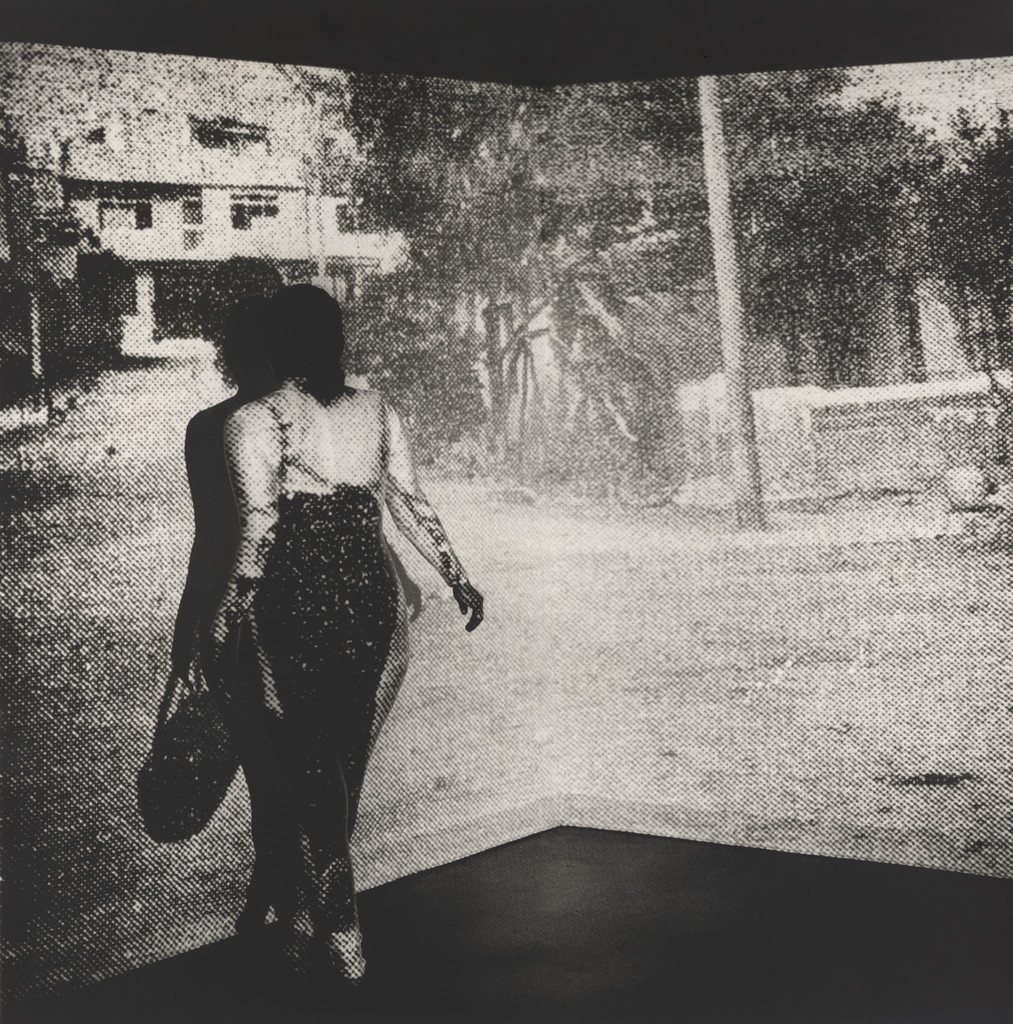 Self Portrait as Woman Walking with Bag (Facing Wall & Cut/Turned), Lima, Peru, 1979 / Claremont, CA, 2018