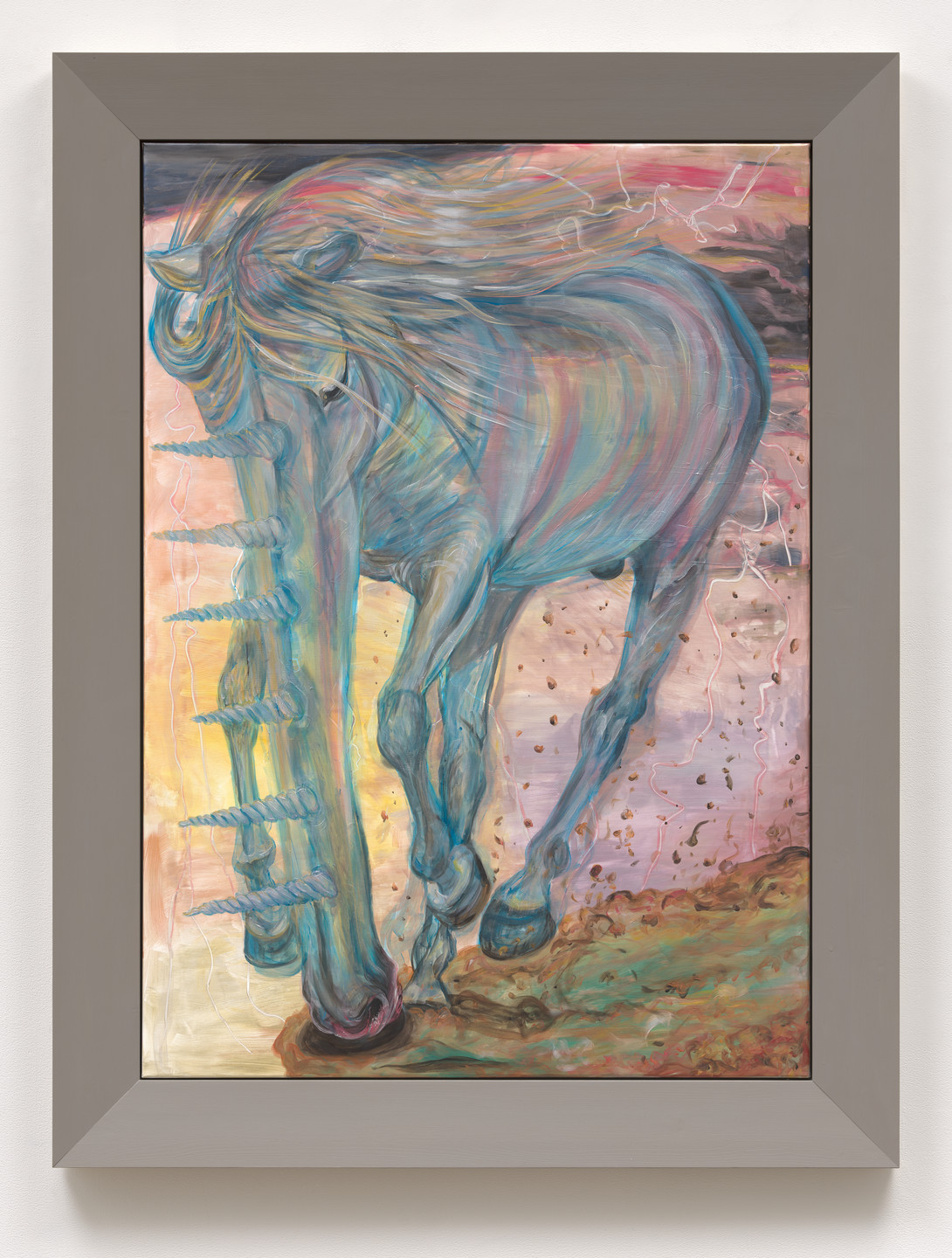 A painting features a blue-toned horse with flowing mane, and three cone-shaped objects on its face. The background blends pink, yellow, and green hues with scattered splashes of brown. This is an AI generated description. To give feedback, email ai@moma.org.