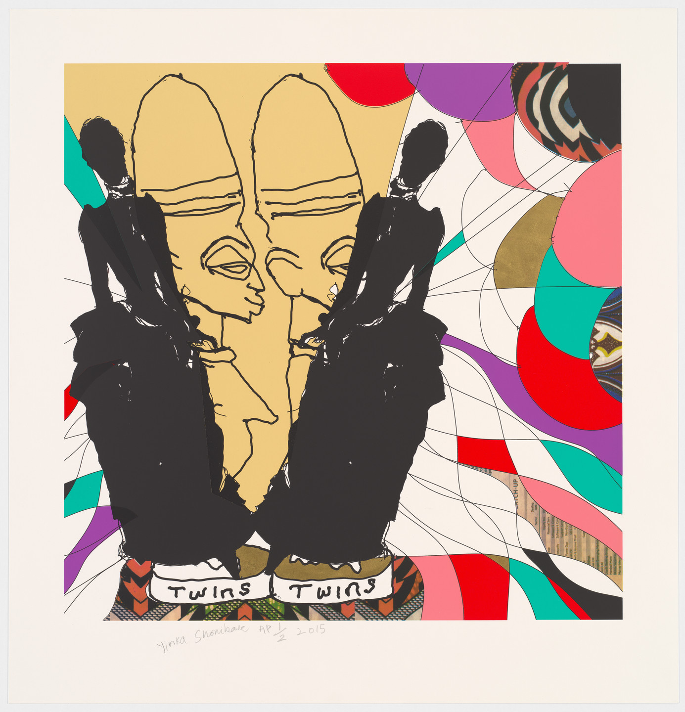 The image features silhouette-like figures facing away, with large, yellowish humanoid head drawings between them. Surrounding the figures are vibrant swirling shapes in red, pink, teal, and purple. This is an AI generated description. To give feedback, email ai@moma.org.