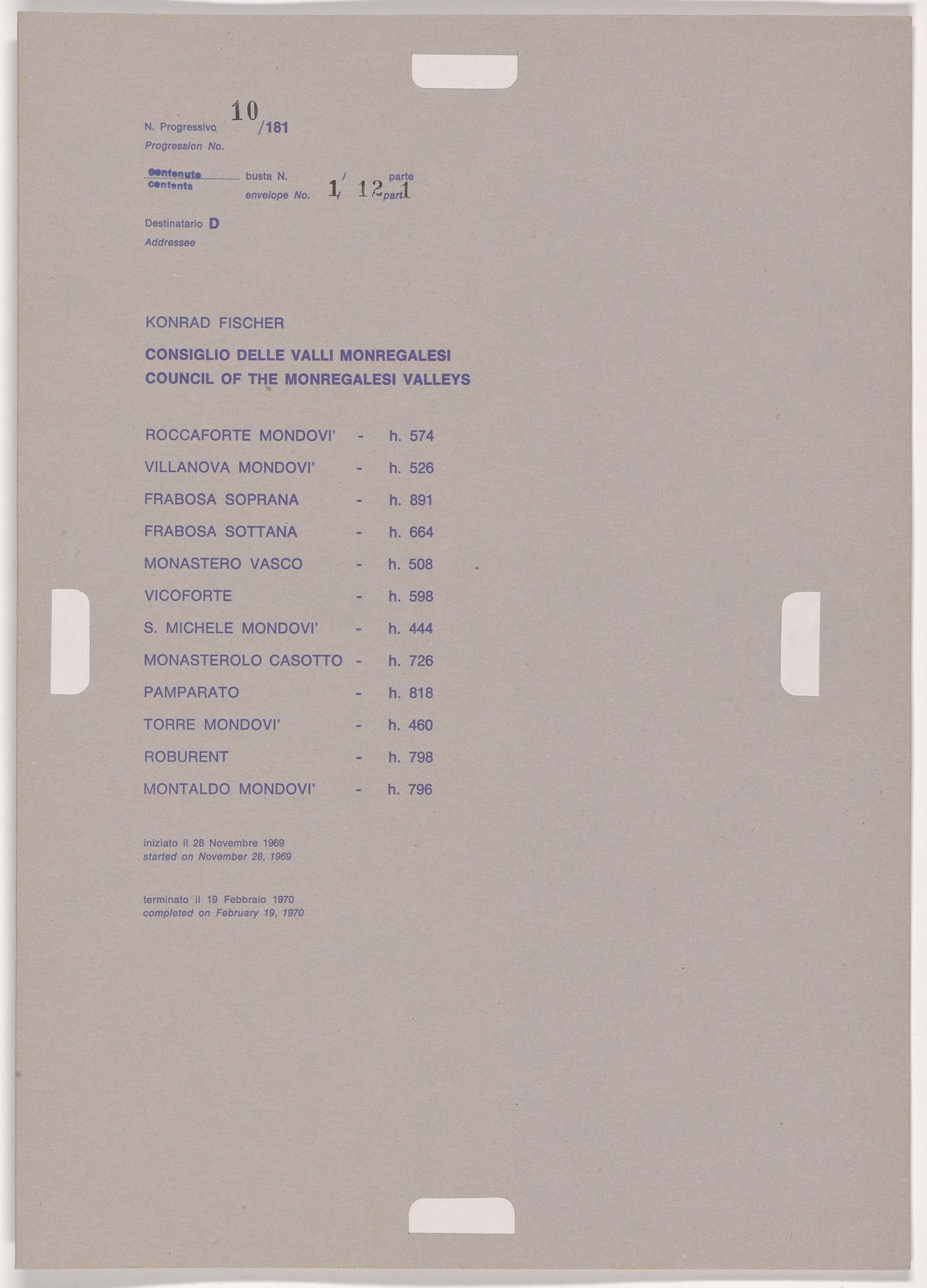 Alighiero Boetti. Progression No. 10 from Postal Dossier (Dossier postale)