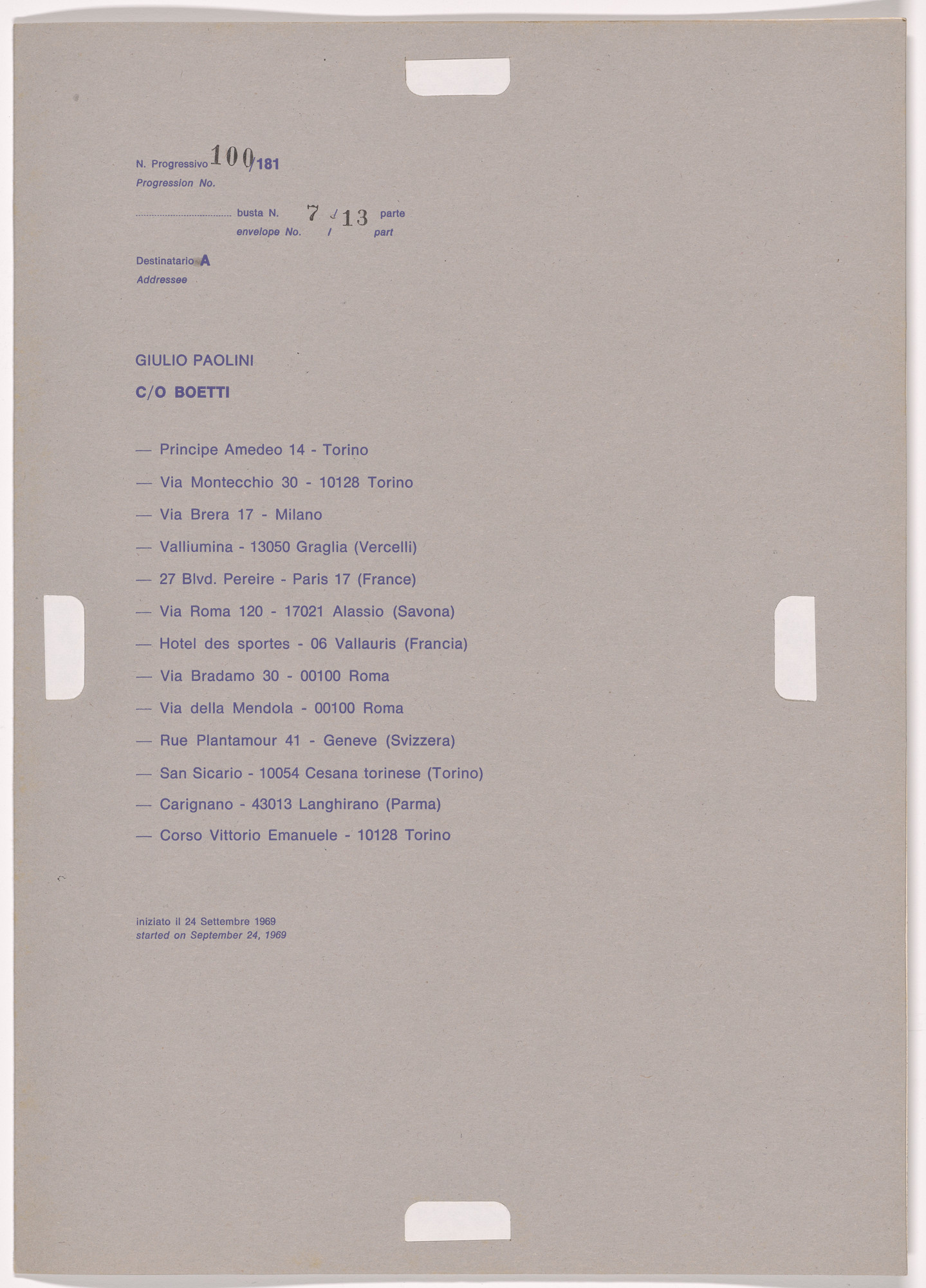 Alighiero Boetti. Progression No. 100 from Postal Dossier (Dossier postale)