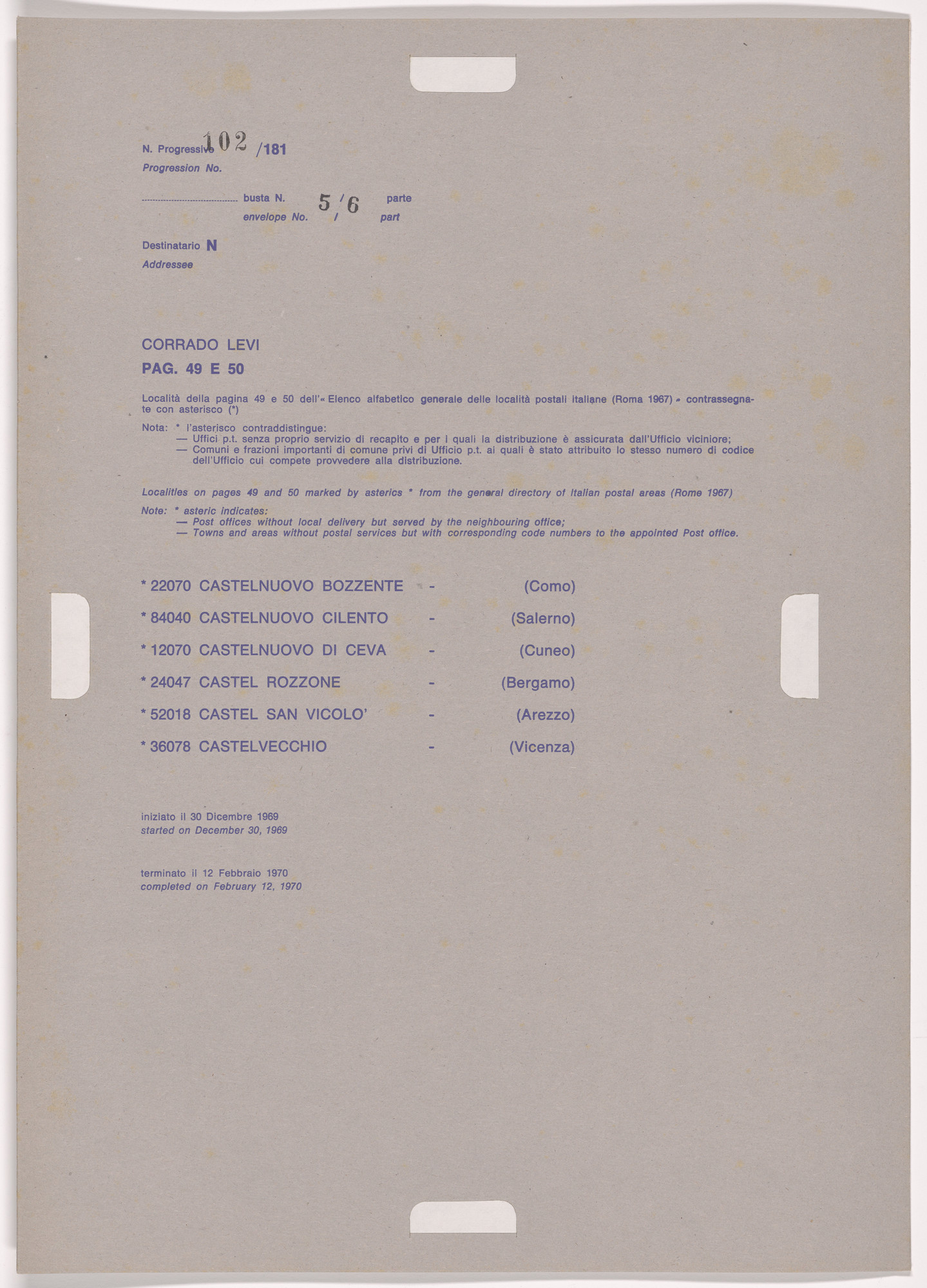 Alighiero Boetti. Progression No. 102 from Postal Dossier (Dossier postale)