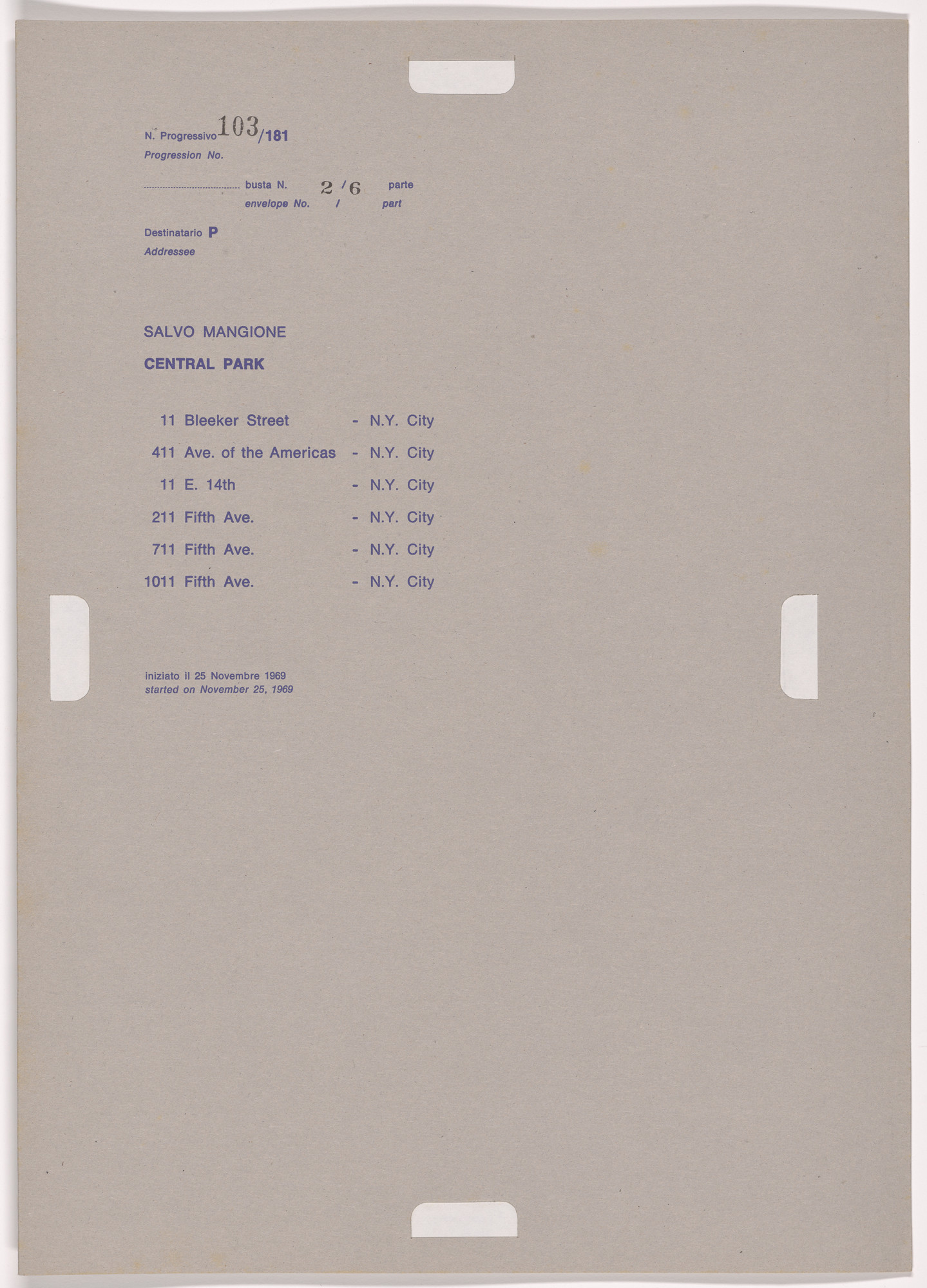 Alighiero Boetti. Progression No. 103 from Postal Dossier (Dossier postale)