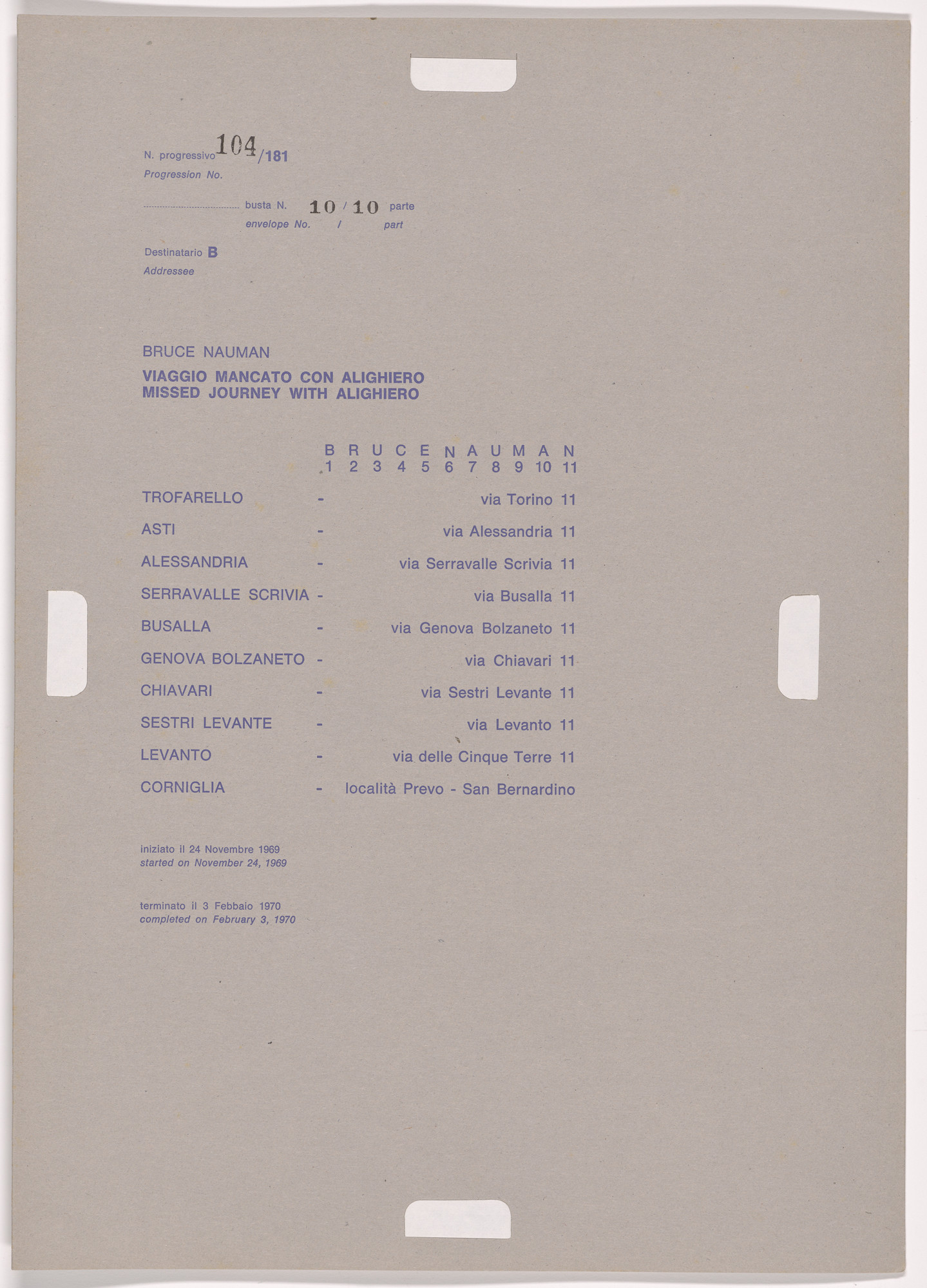 Alighiero Boetti. Progression No. 104 from Postal Dossier (Dossier postale)