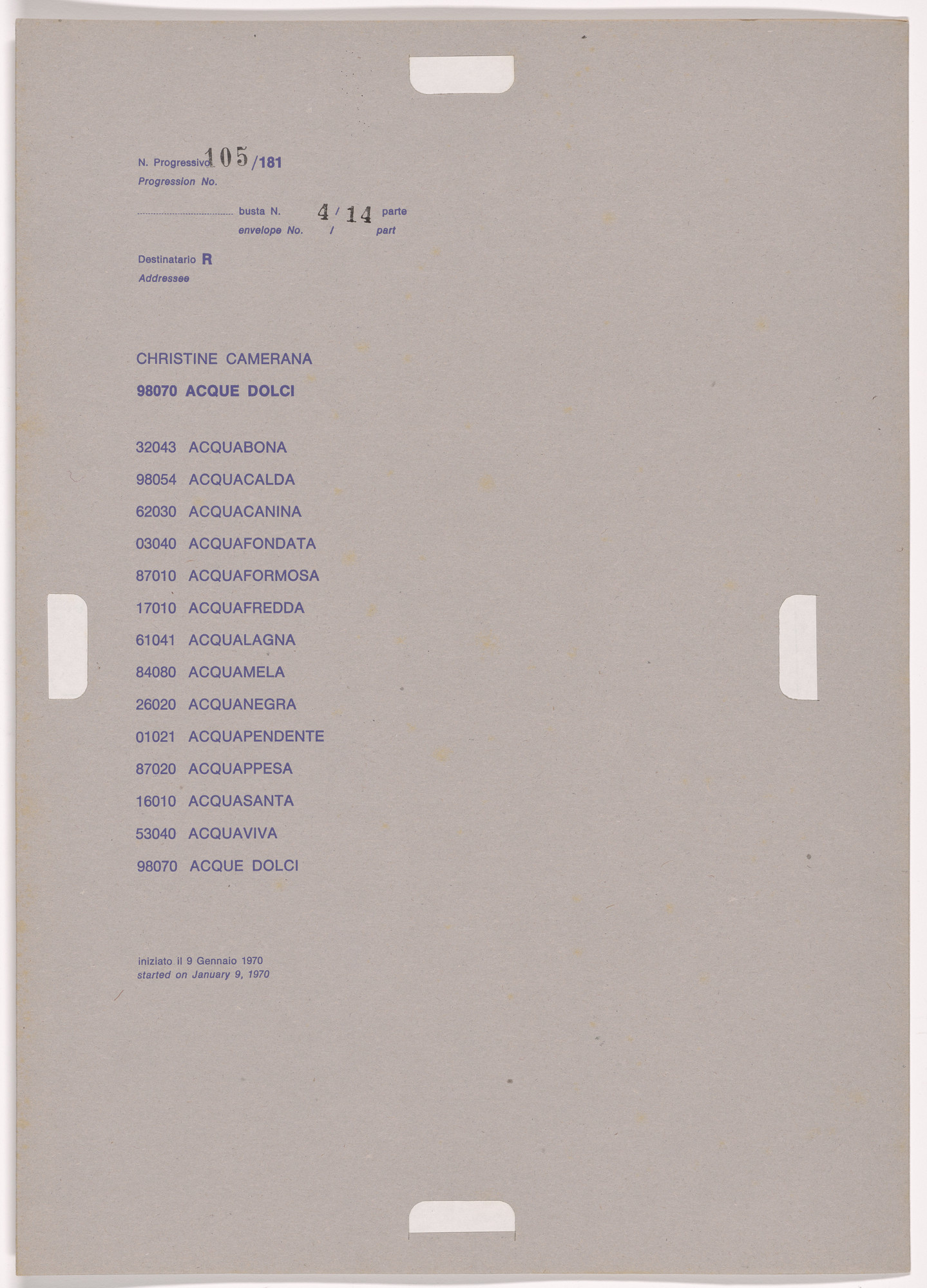 Alighiero Boetti. Progression No. 105 from Postal Dossier (Dossier postale)