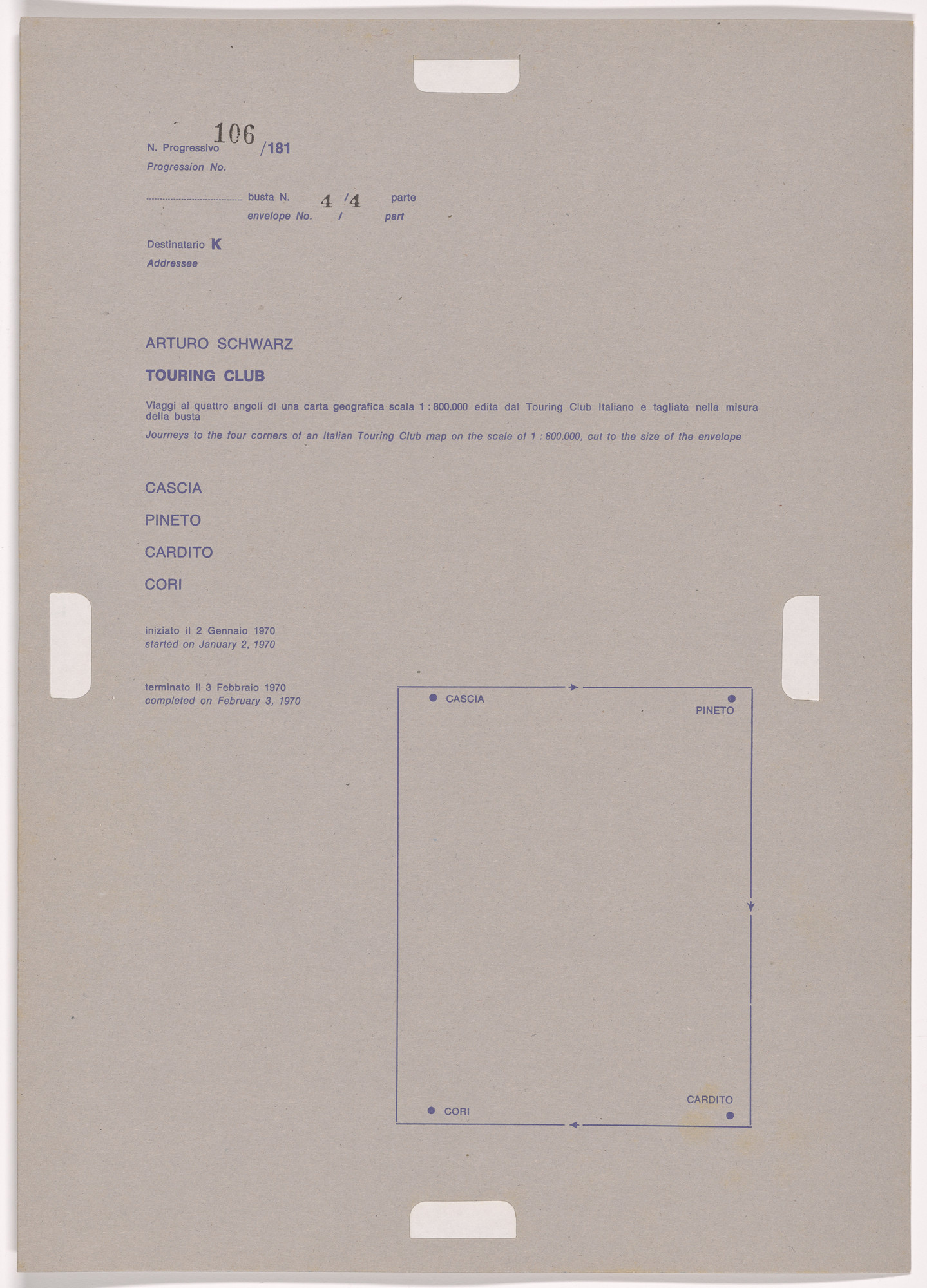 Alighiero Boetti. Progression No. 106 from Postal Dossier (Dossier postale)