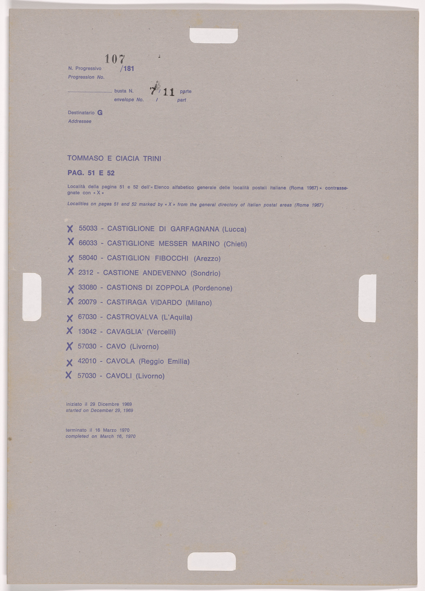 Alighiero Boetti. Progression No. 107 from Postal Dossier (Dossier postale)