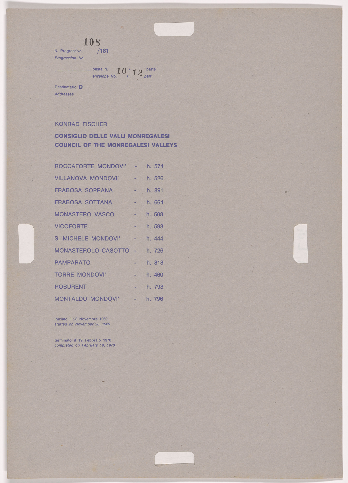 Alighiero Boetti. Progression No. 108 from Postal Dossier (Dossier postale)