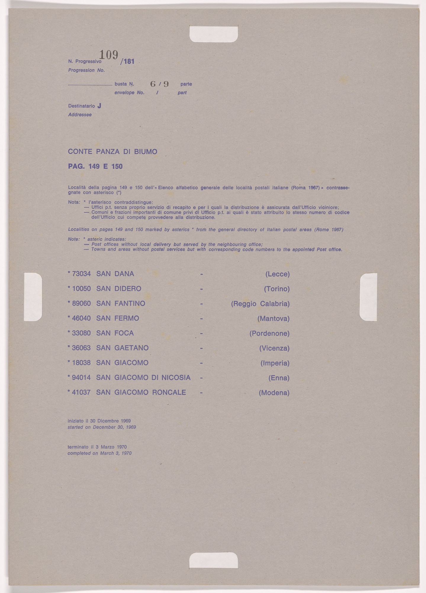 Alighiero Boetti. Progression No. 109 from Postal Dossier (Dossier postale)
