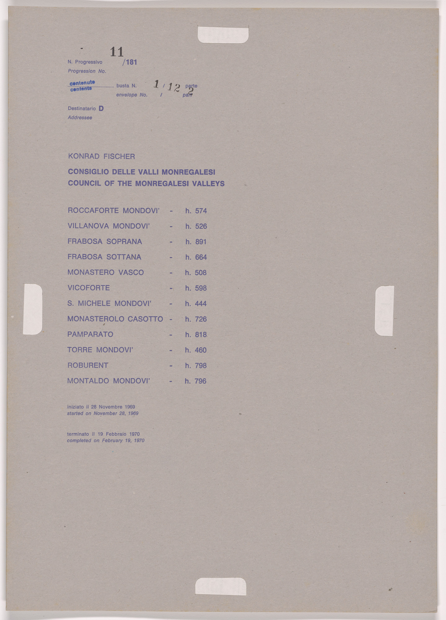 Alighiero Boetti. Progression No. 11 from Postal Dossier (Dossier postale)