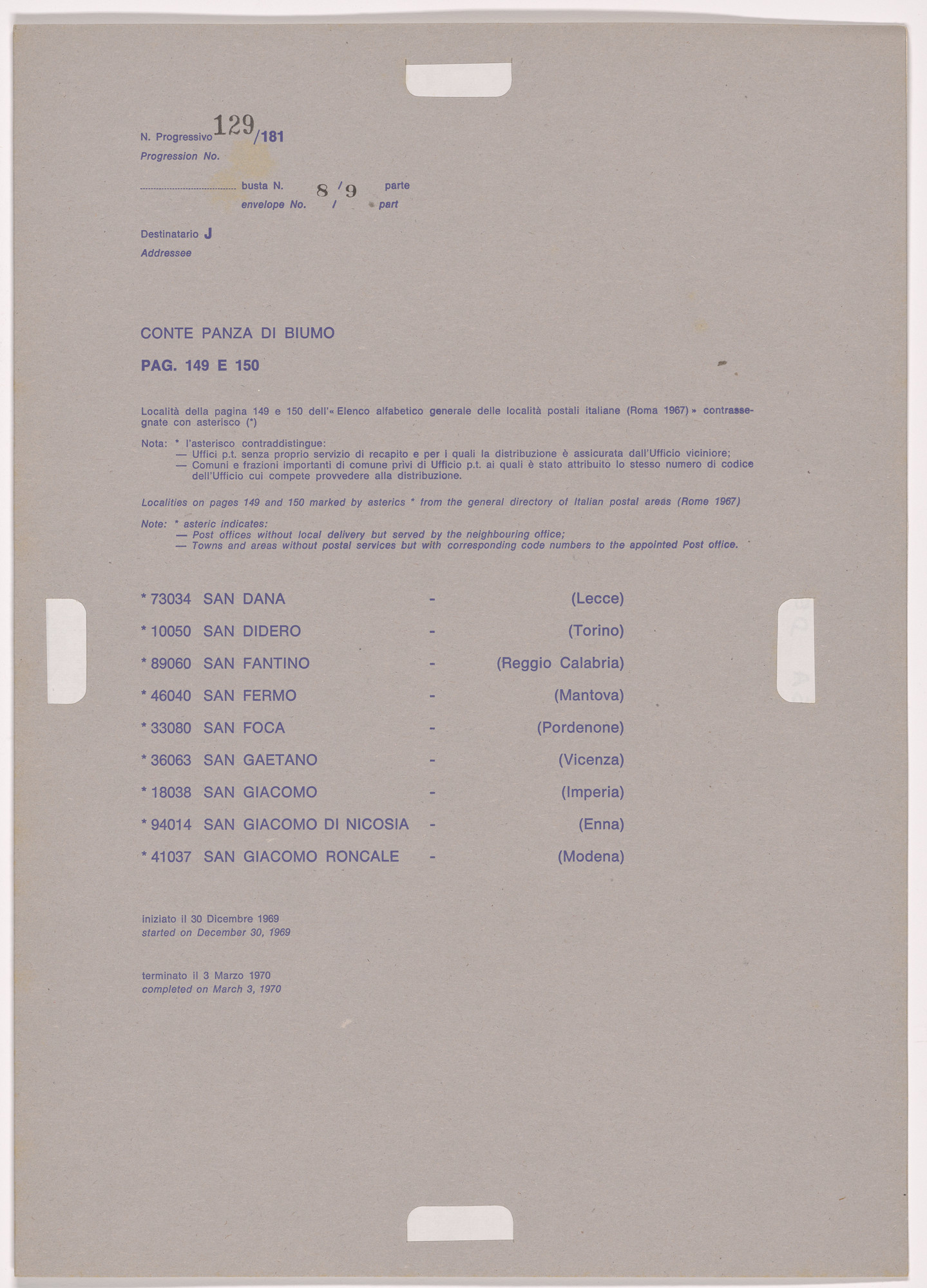 Alighiero Boetti. Progression No. 129 from Postal Dossier (Dossier postale)