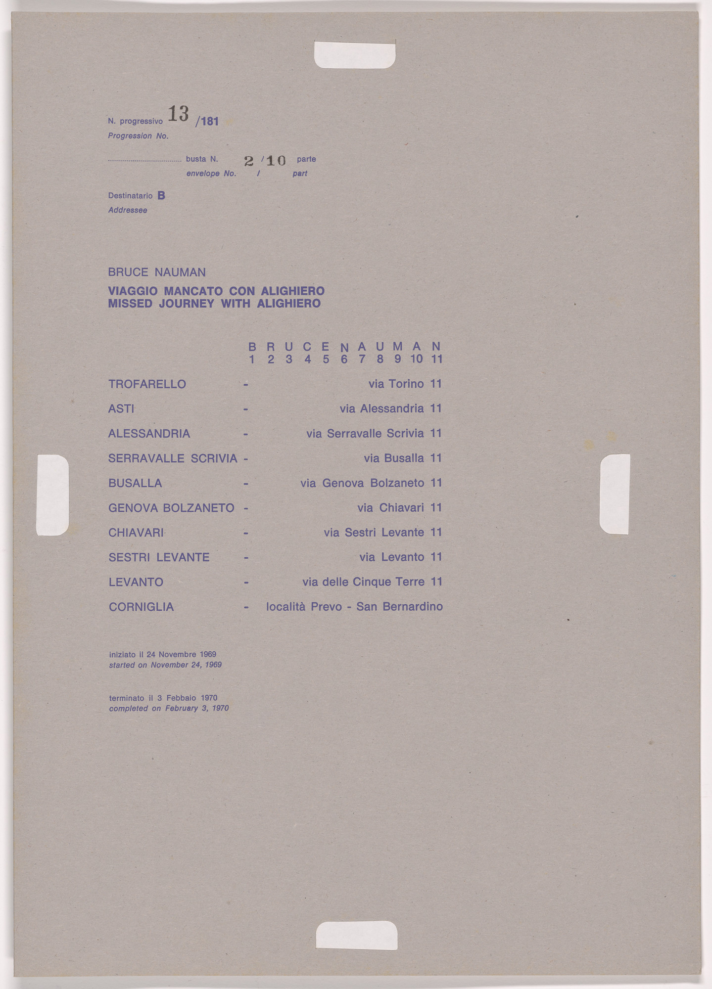 Alighiero Boetti. Progression No. 13 from Postal Dossier (Dossier postale)
