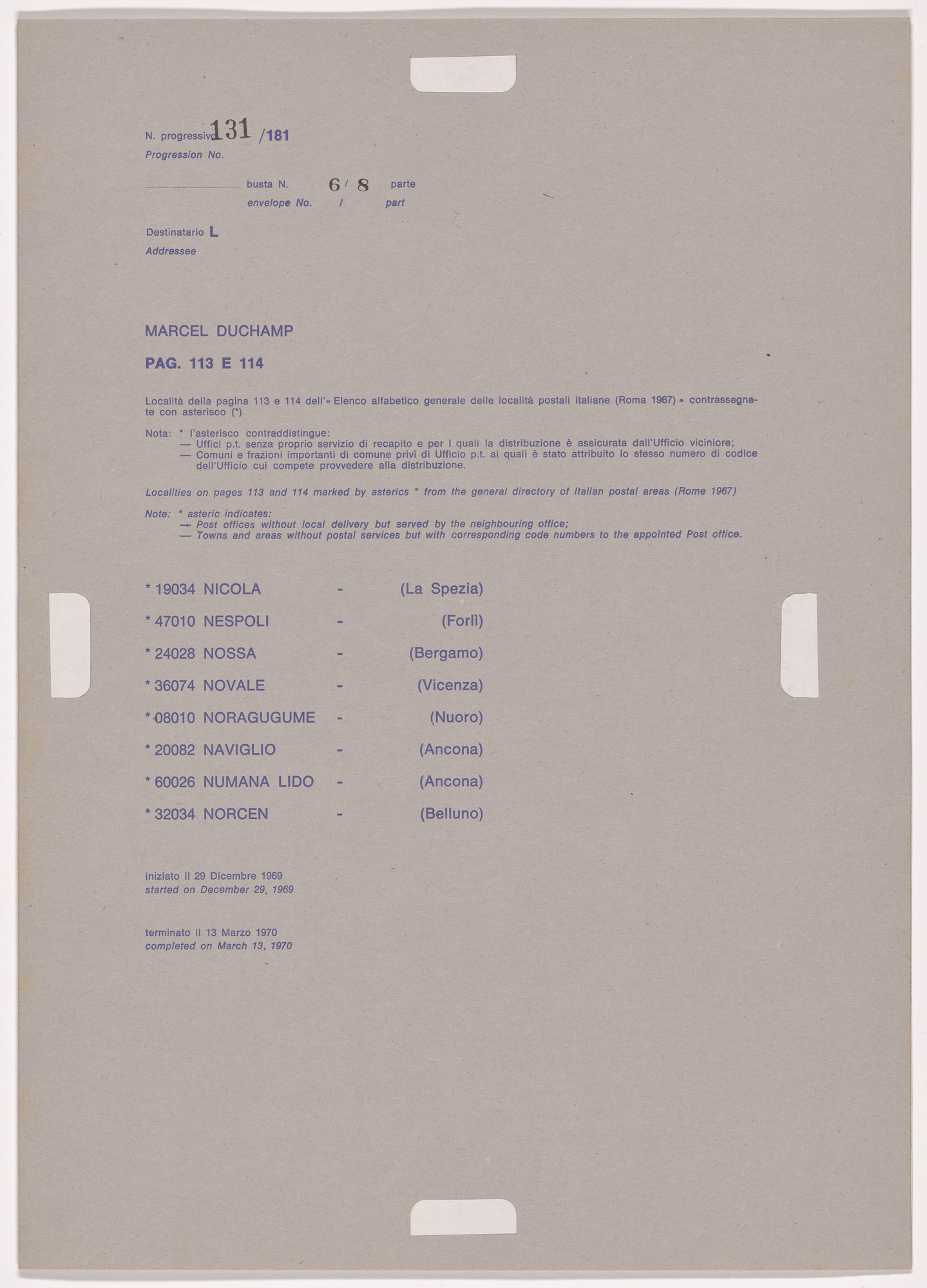 Alighiero Boetti. Progression No. 131 from Postal Dossier (Dossier postale)