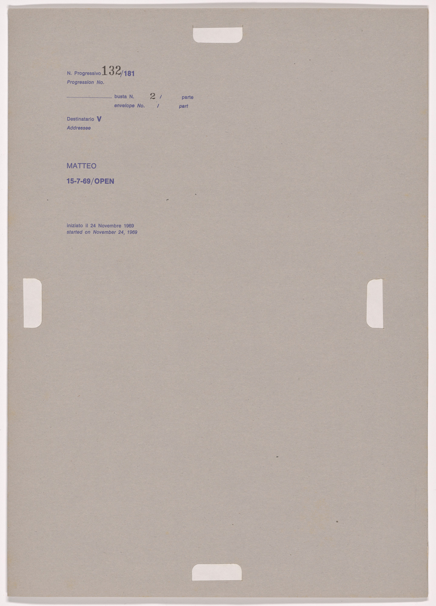 Alighiero Boetti. Progression No. 132 from Postal Dossier (Dossier postale)