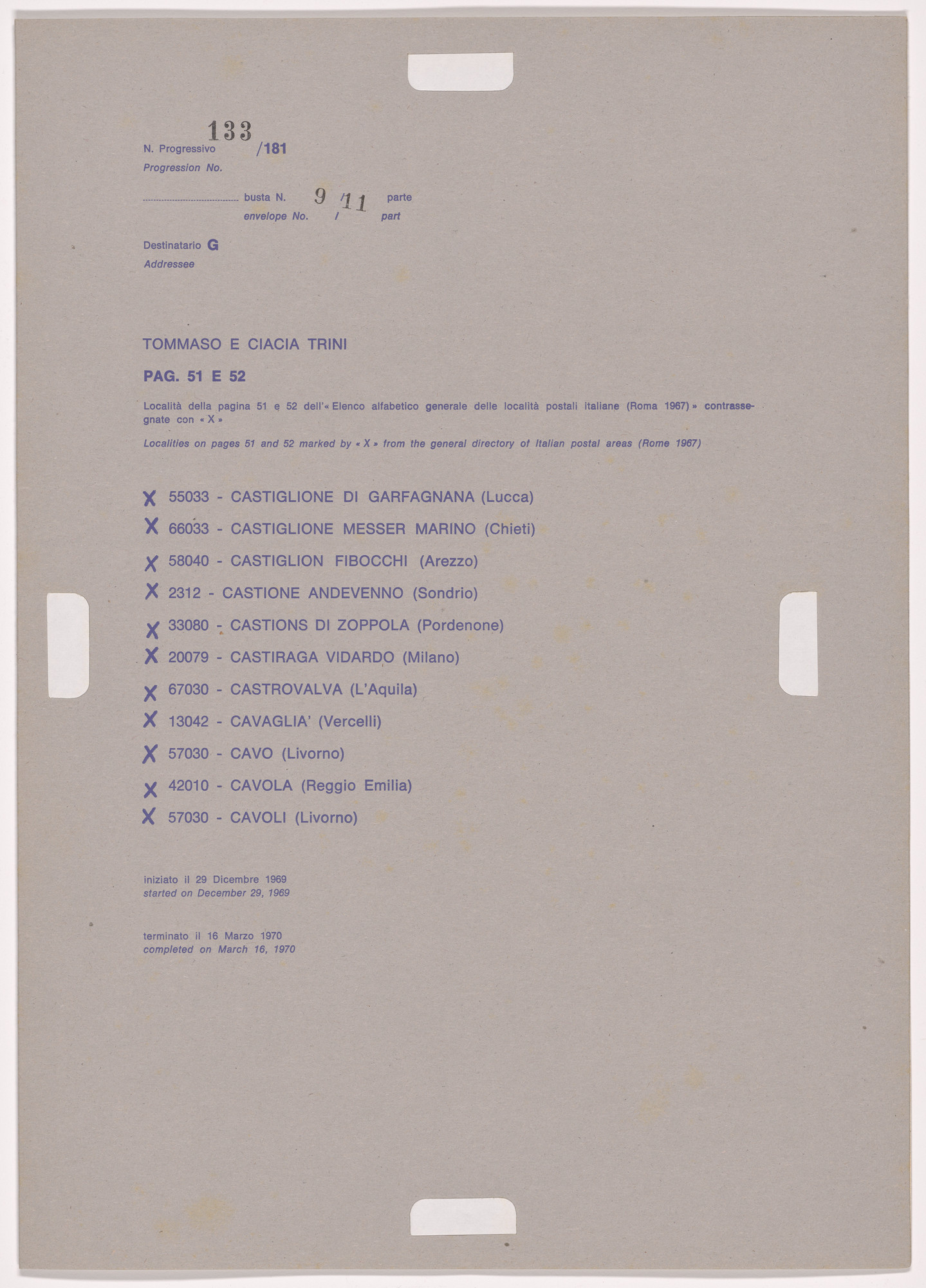 Alighiero Boetti. Progression No. 133 from Postal Dossier (Dossier postale)