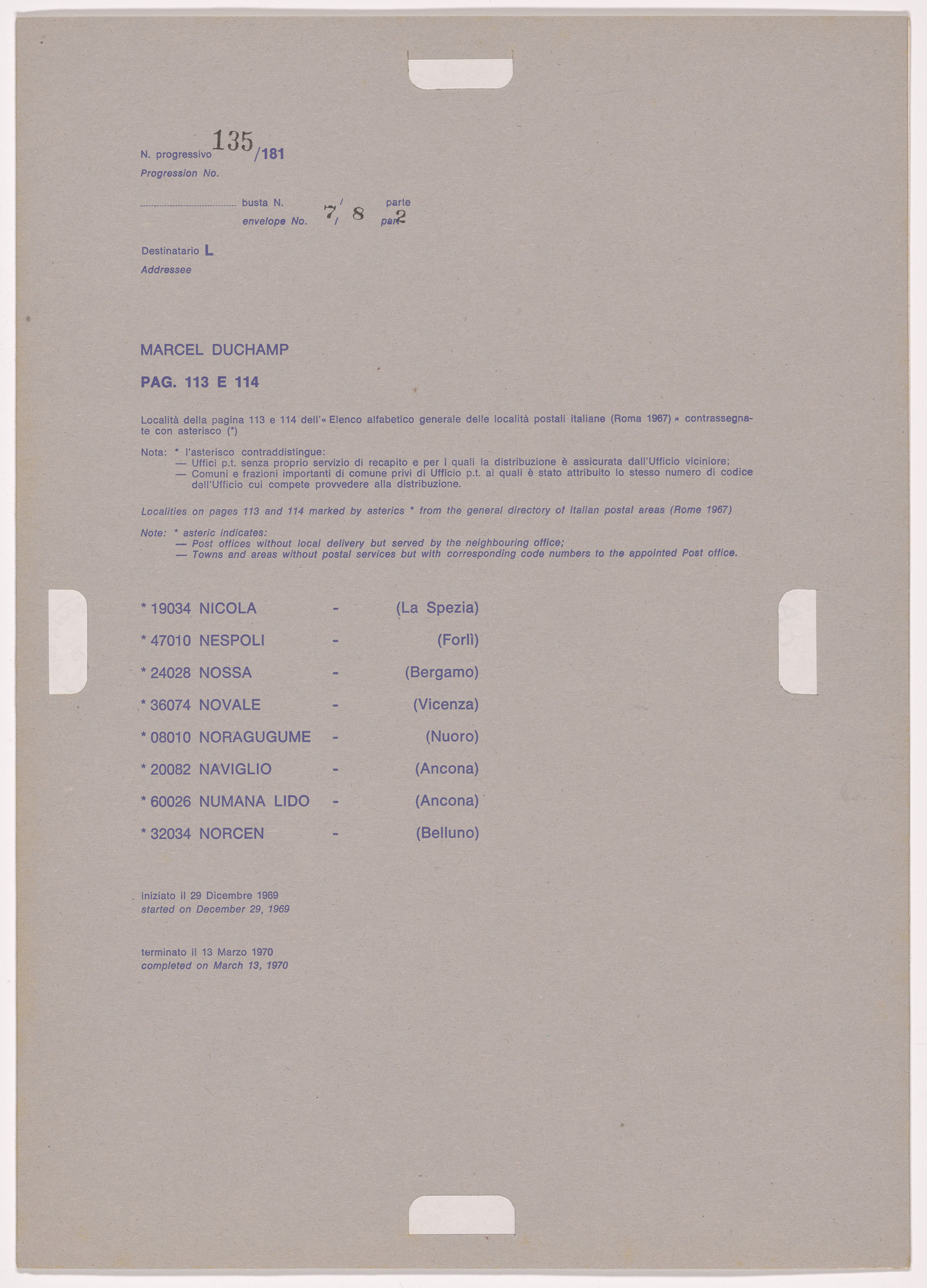 Alighiero Boetti. Progression No. 135 from Postal Dossier (Dossier postale)