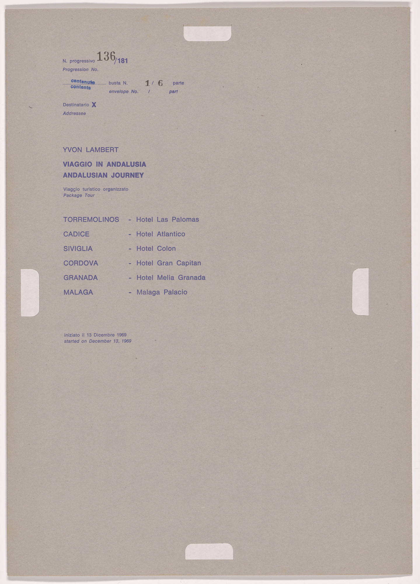 Alighiero Boetti. Progression No. 136 from Postal Dossier (Dossier postale)