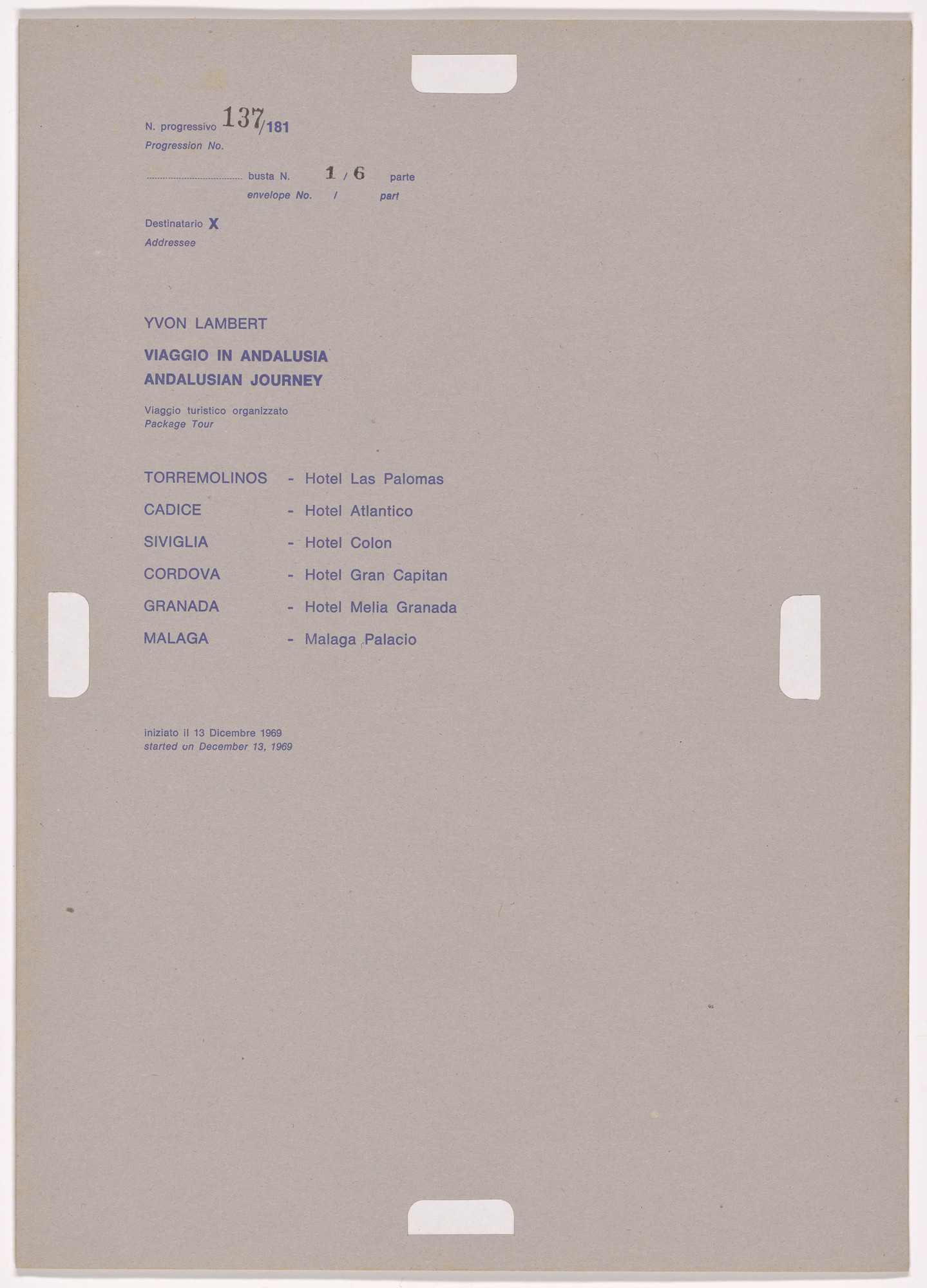 Alighiero Boetti. Progression No. 137 from Postal Dossier (Dossier postale)