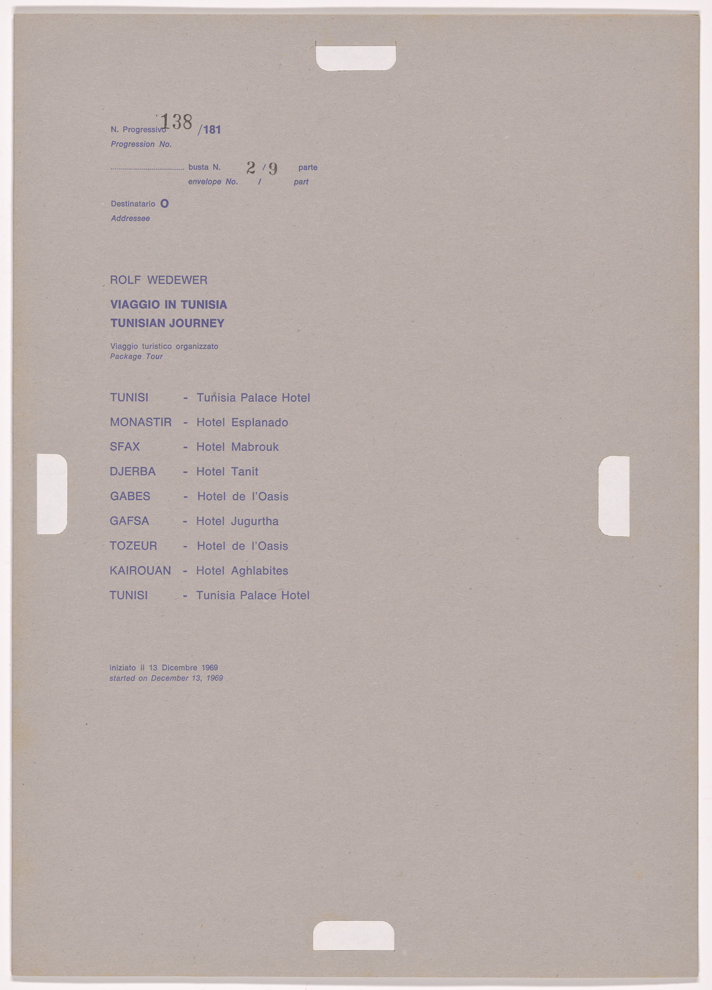 Alighiero Boetti. Progression No. 138 from Postal Dossier (Dossier postale)