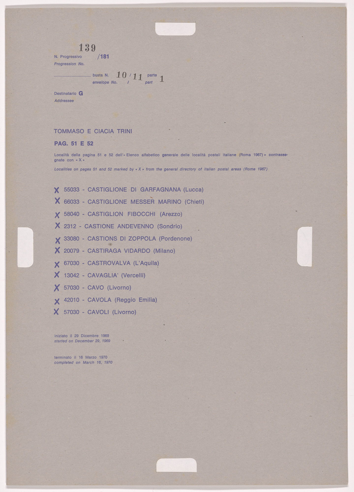 Alighiero Boetti. Progression No. 139 from Postal Dossier (Dossier postale)
