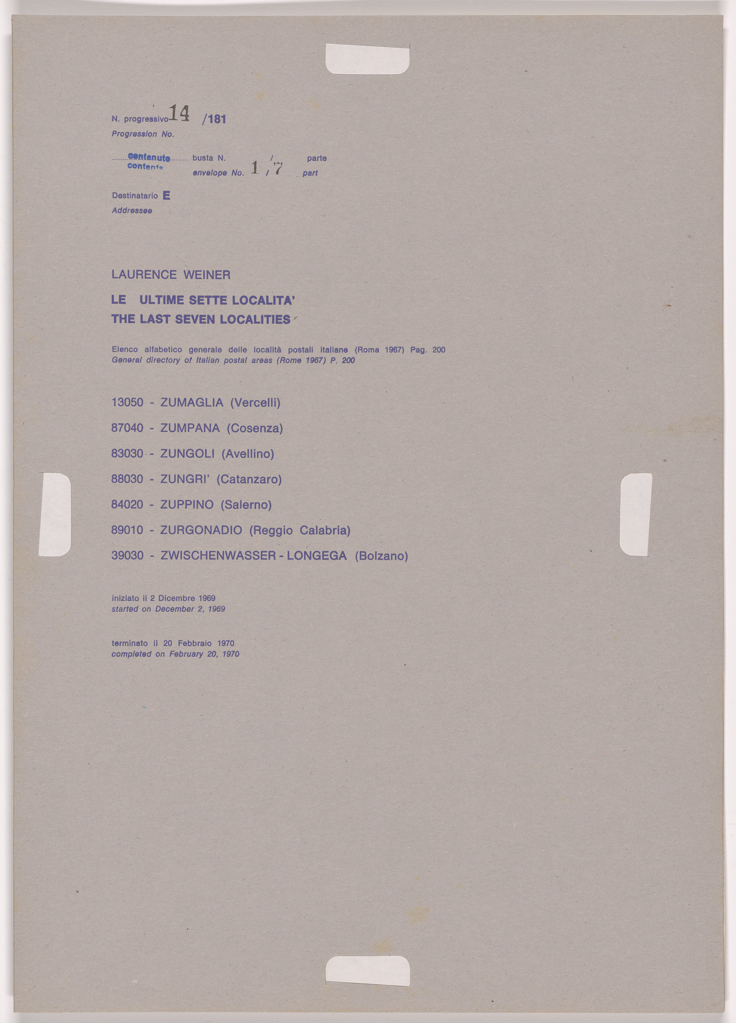Alighiero Boetti. Progression No. 14 from Postal Dossier (Dossier postale)