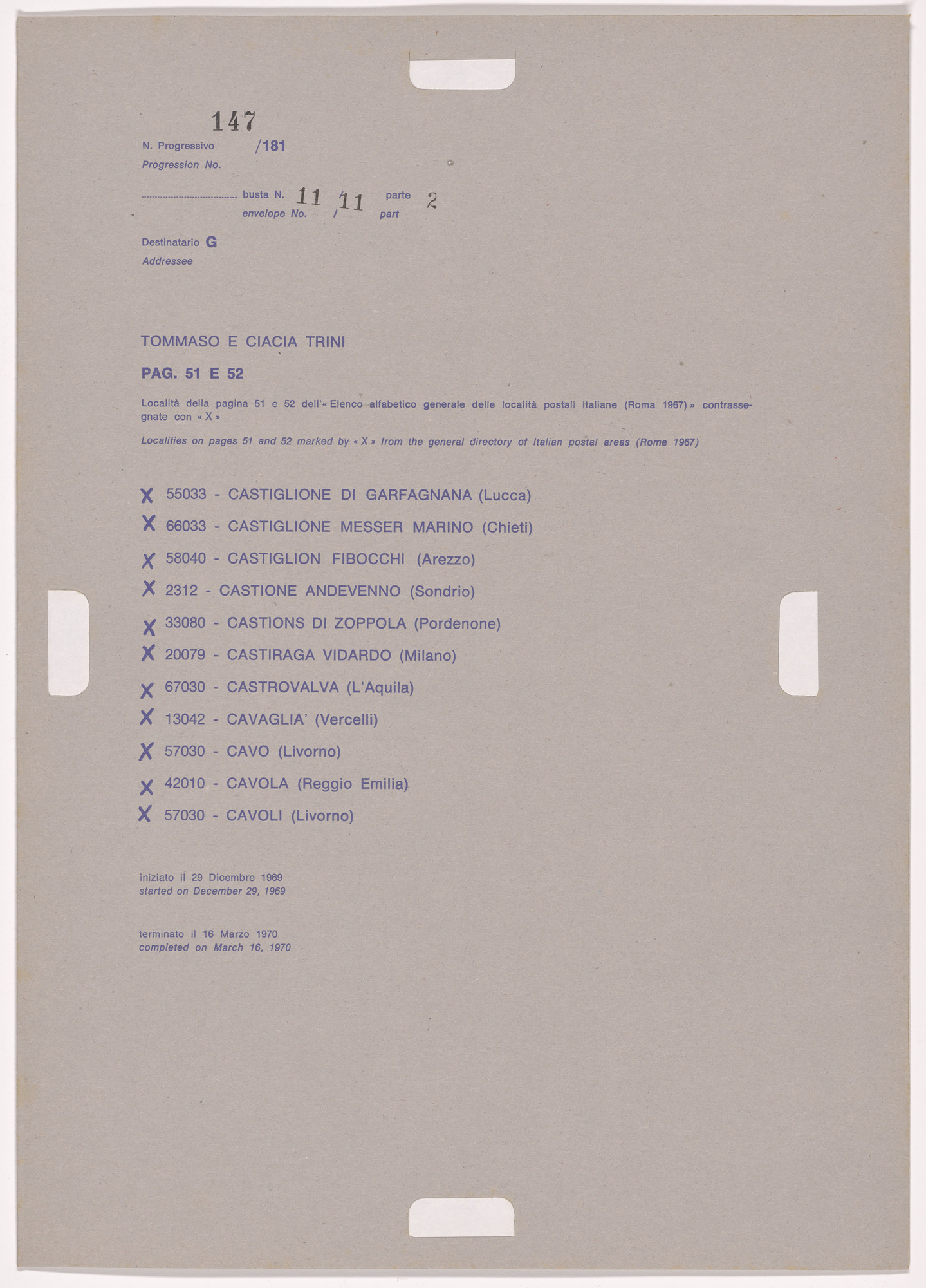 Alighiero Boetti. Progression No. 147 from Postal Dossier (Dossier postale)