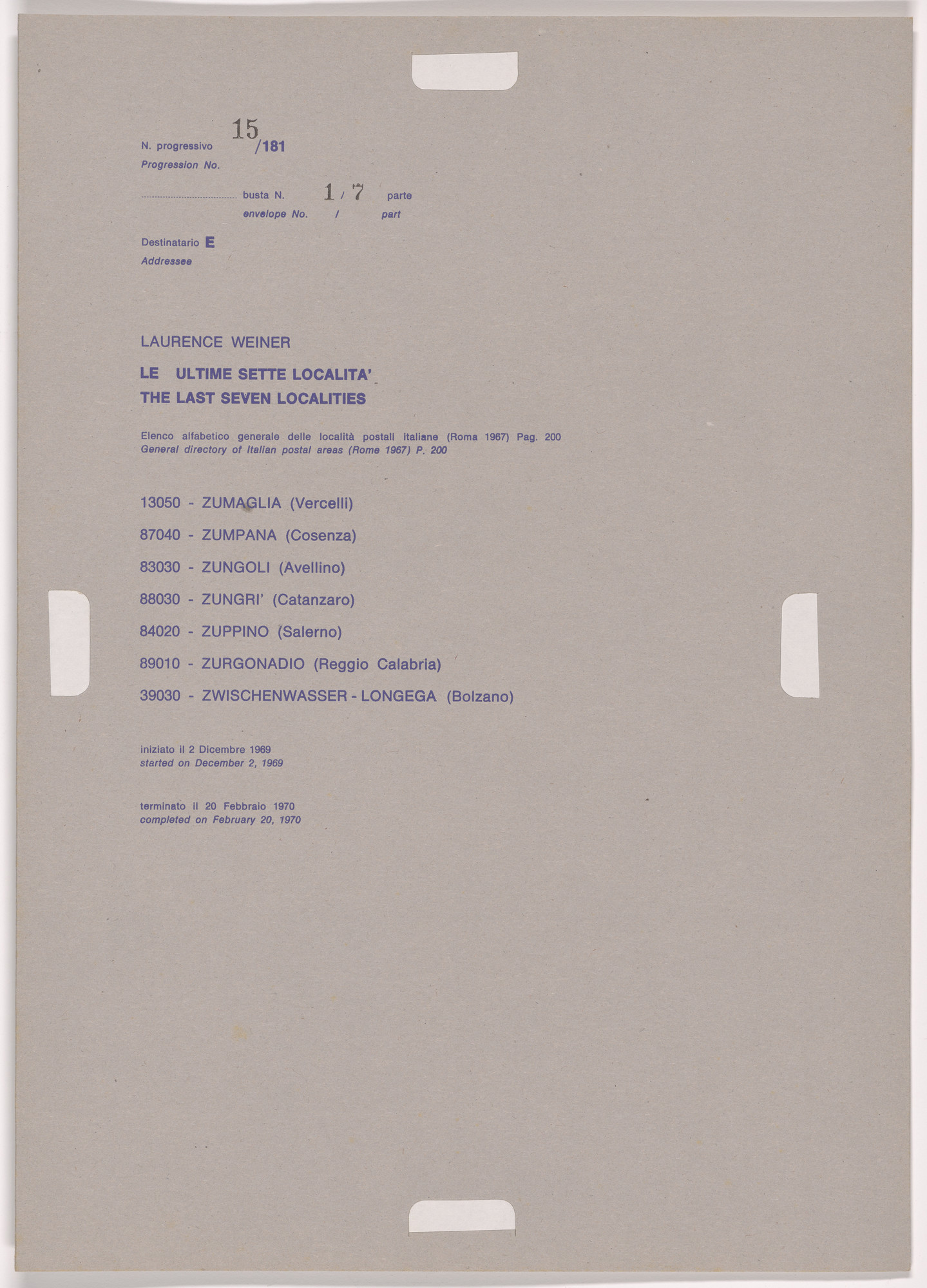 Alighiero Boetti. Progression No. 15 from Postal Dossier (Dossier postale)