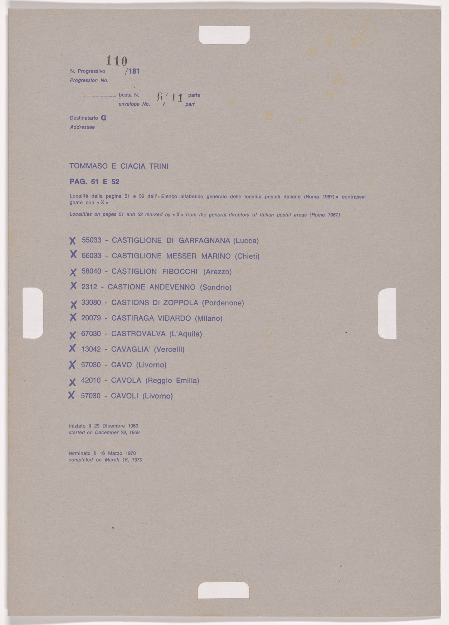 Alighiero Boetti. Progression No. 110 from Postal Dossier (Dossier postale)