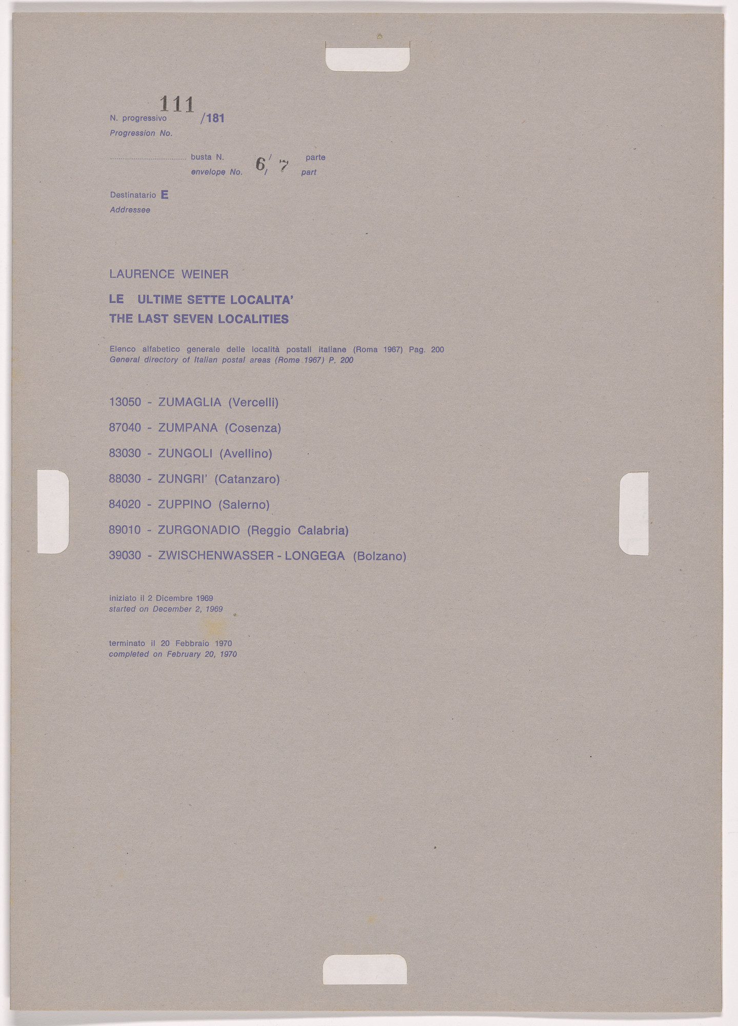 Alighiero Boetti. Progression No. 111 from Postal Dossier (Dossier postale)