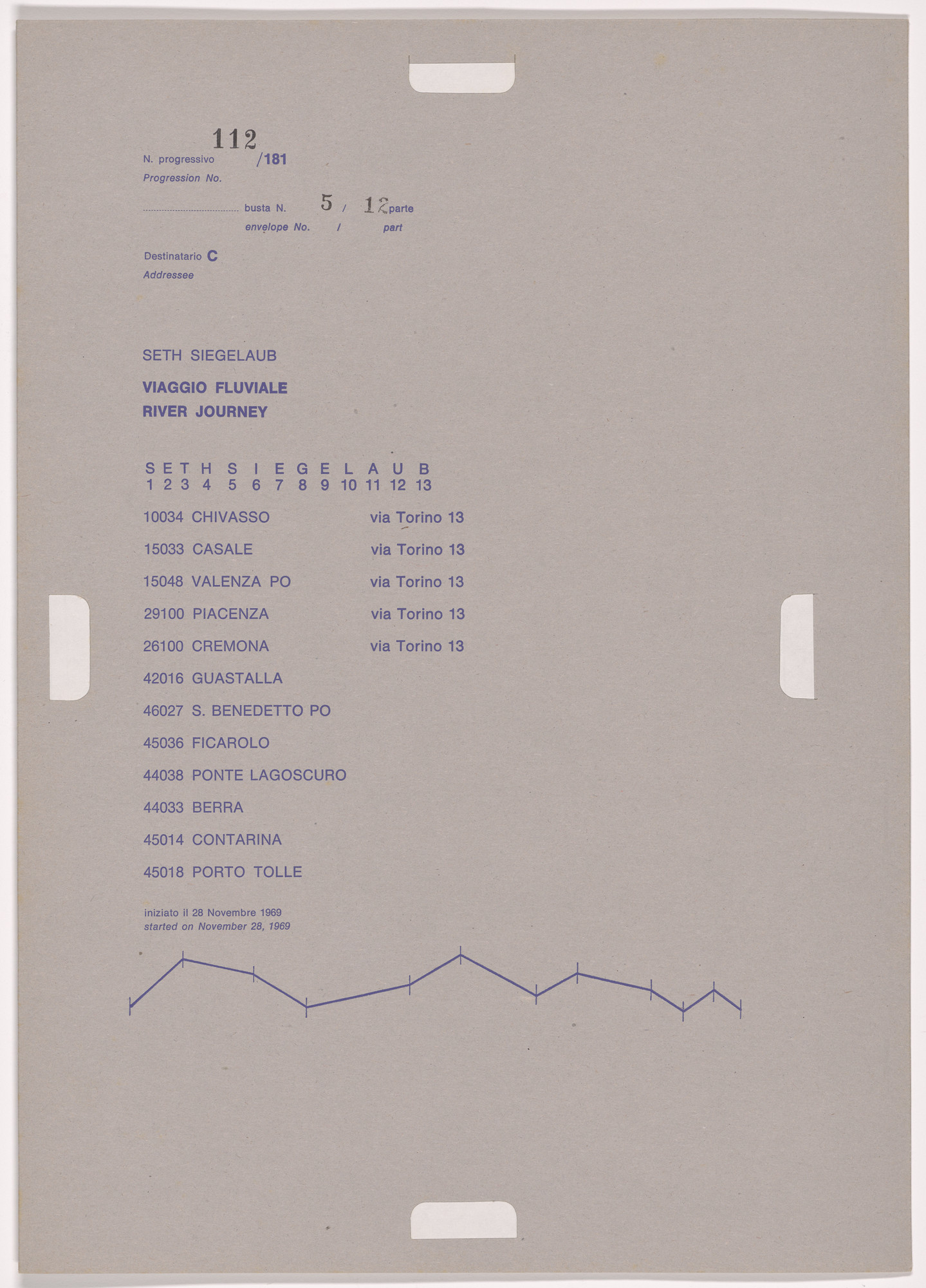 Alighiero Boetti. Progression No. 112 from Postal Dossier (Dossier postale)