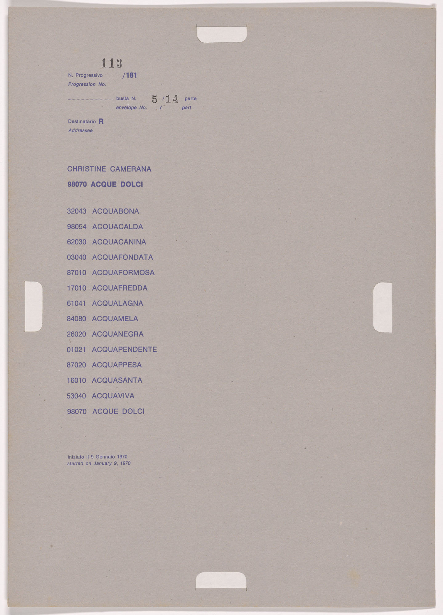 Alighiero Boetti. Progression No. 113 from Postal Dossier (Dossier postale)