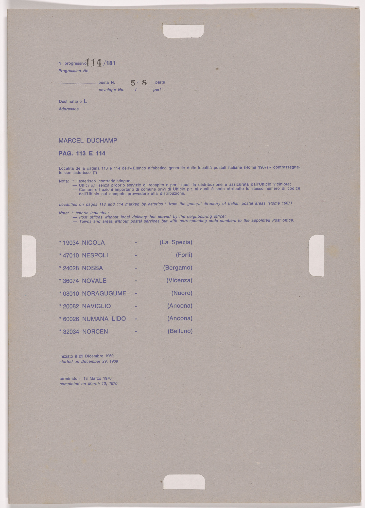 Alighiero Boetti. Progression No. 114 from Postal Dossier (Dossier postale)