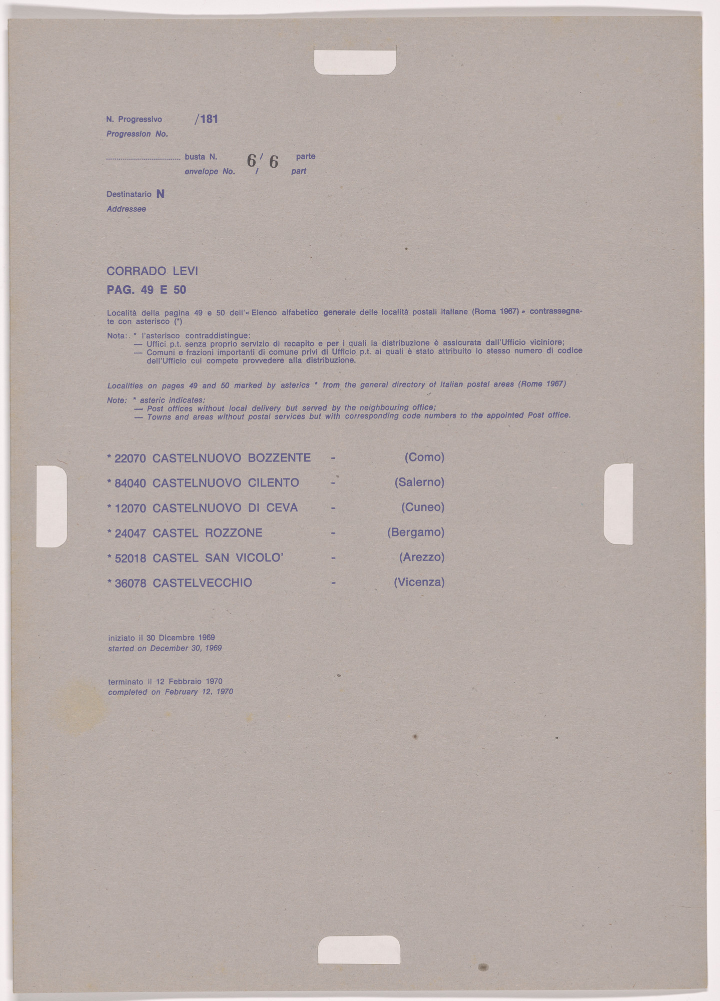 Alighiero Boetti. Progression No. 115 from Postal Dossier (Dossier postale)