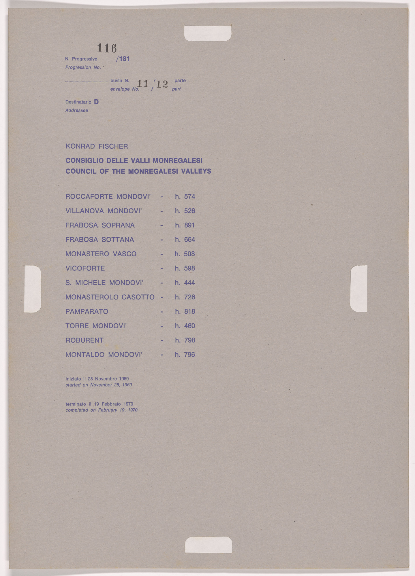 Alighiero Boetti. Progression No. 116 from Postal Dossier (Dossier postale)