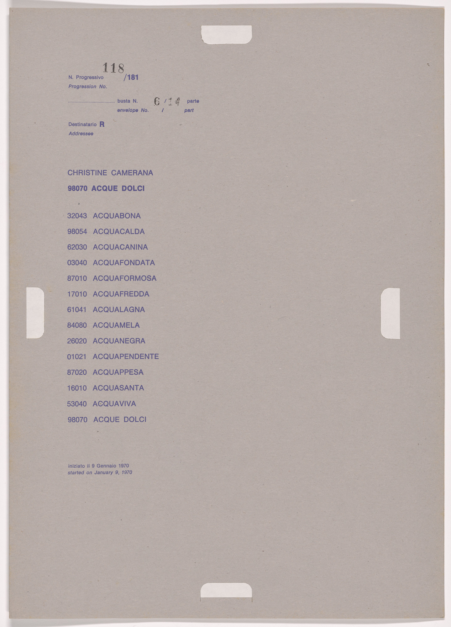 Alighiero Boetti. Progression No. 118 from Postal Dossier (Dossier postale)