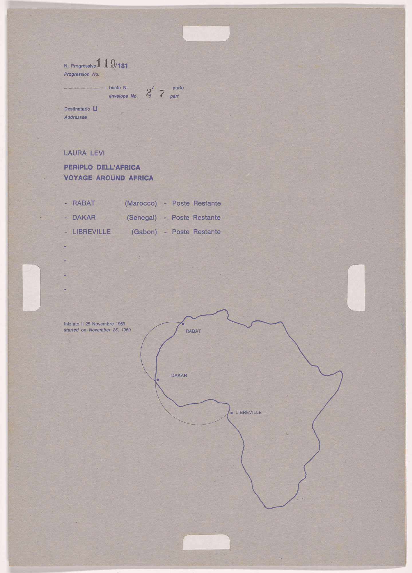 Alighiero Boetti. Progression No. 119 from Postal Dossier (Dossier postale)