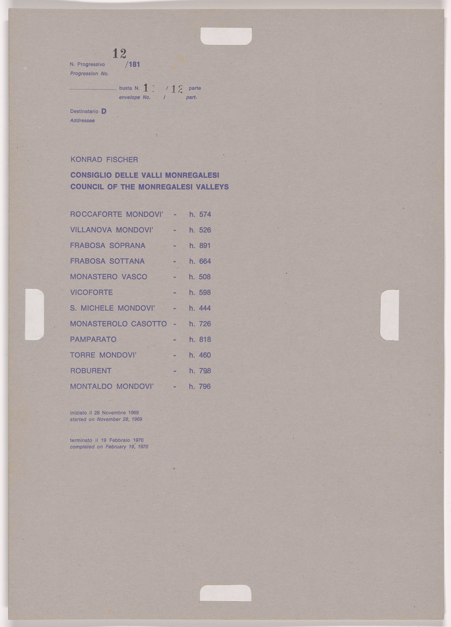 Alighiero Boetti. Progression No. 12 from Postal Dossier (Dossier postale)