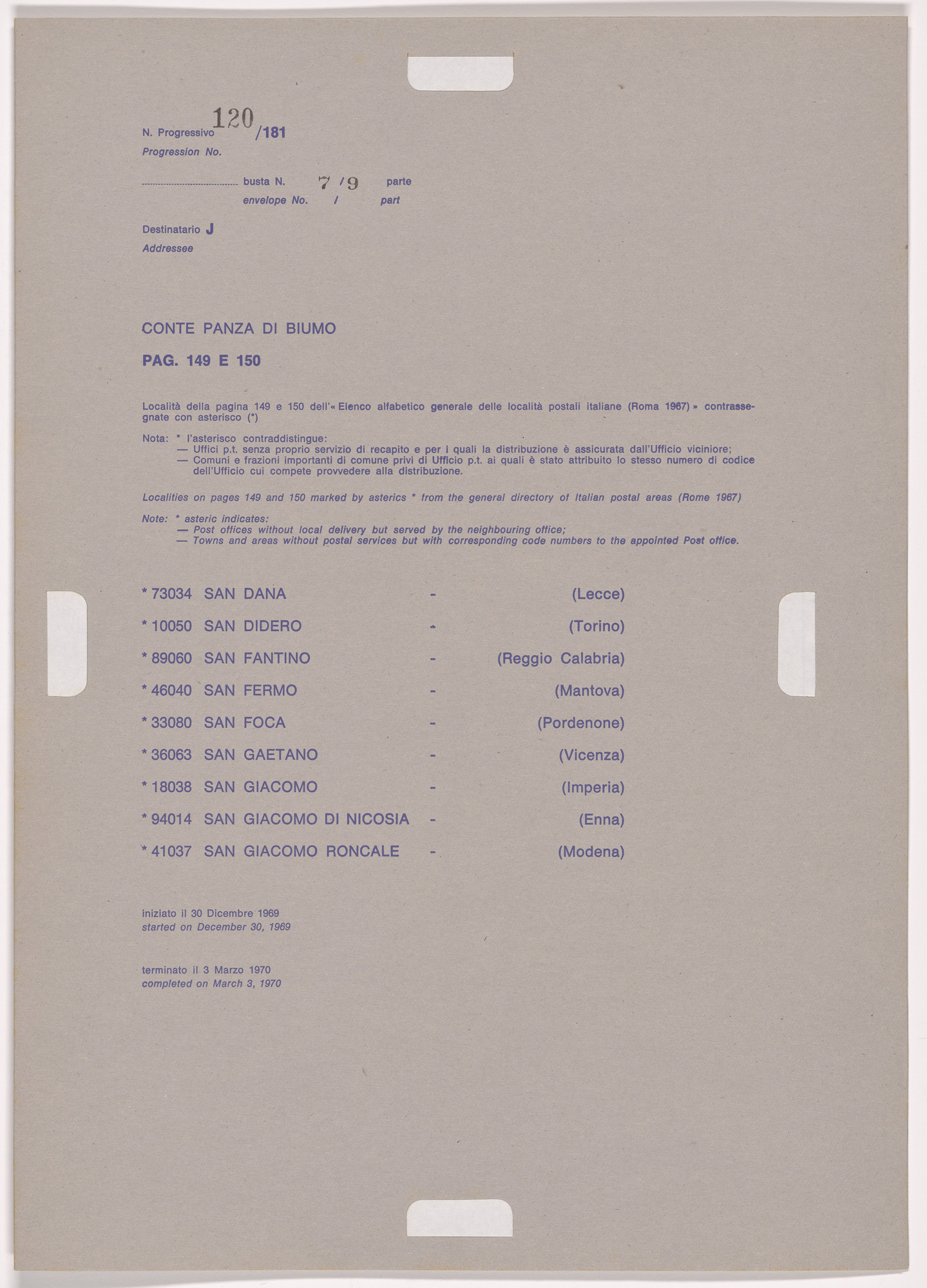 Alighiero Boetti. Progression No. 120 from Postal Dossier (Dossier postale)