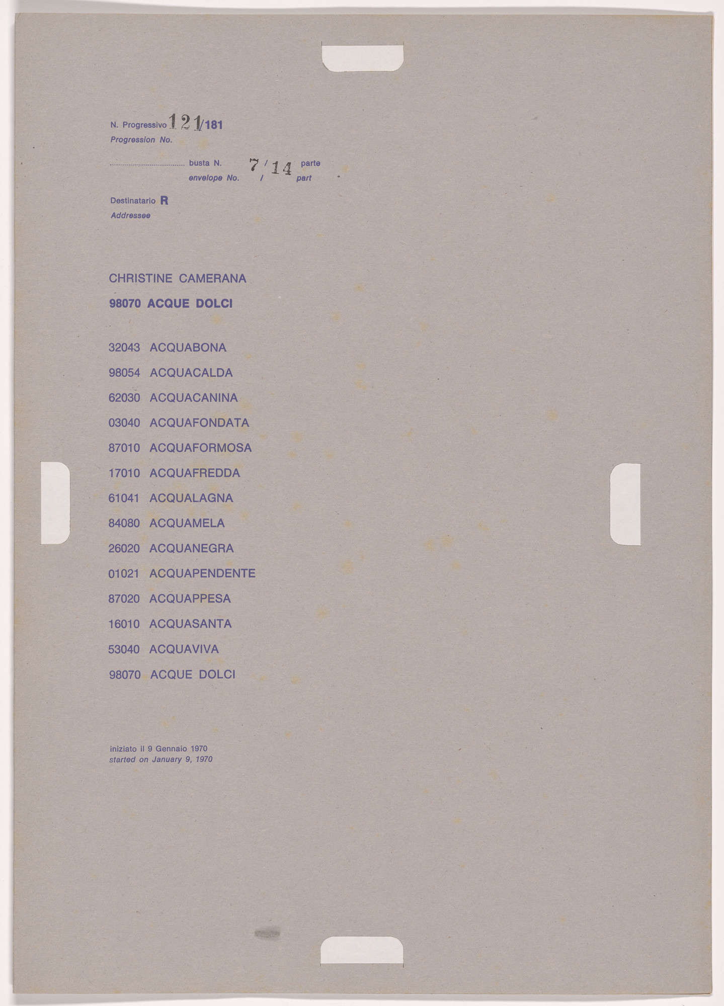 Alighiero Boetti. Progression No. 121 from Postal Dossier (Dossier postale)