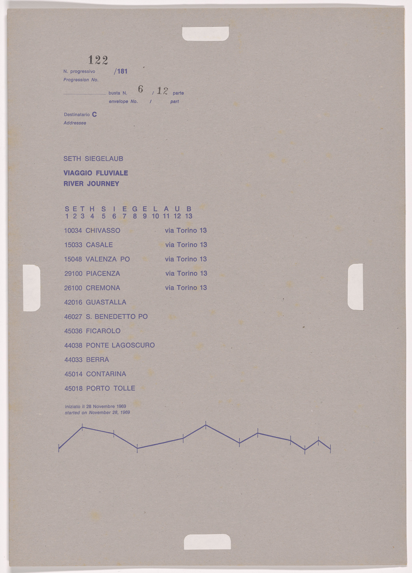 Alighiero Boetti. Progression No. 122 from Postal Dossier (Dossier postale)