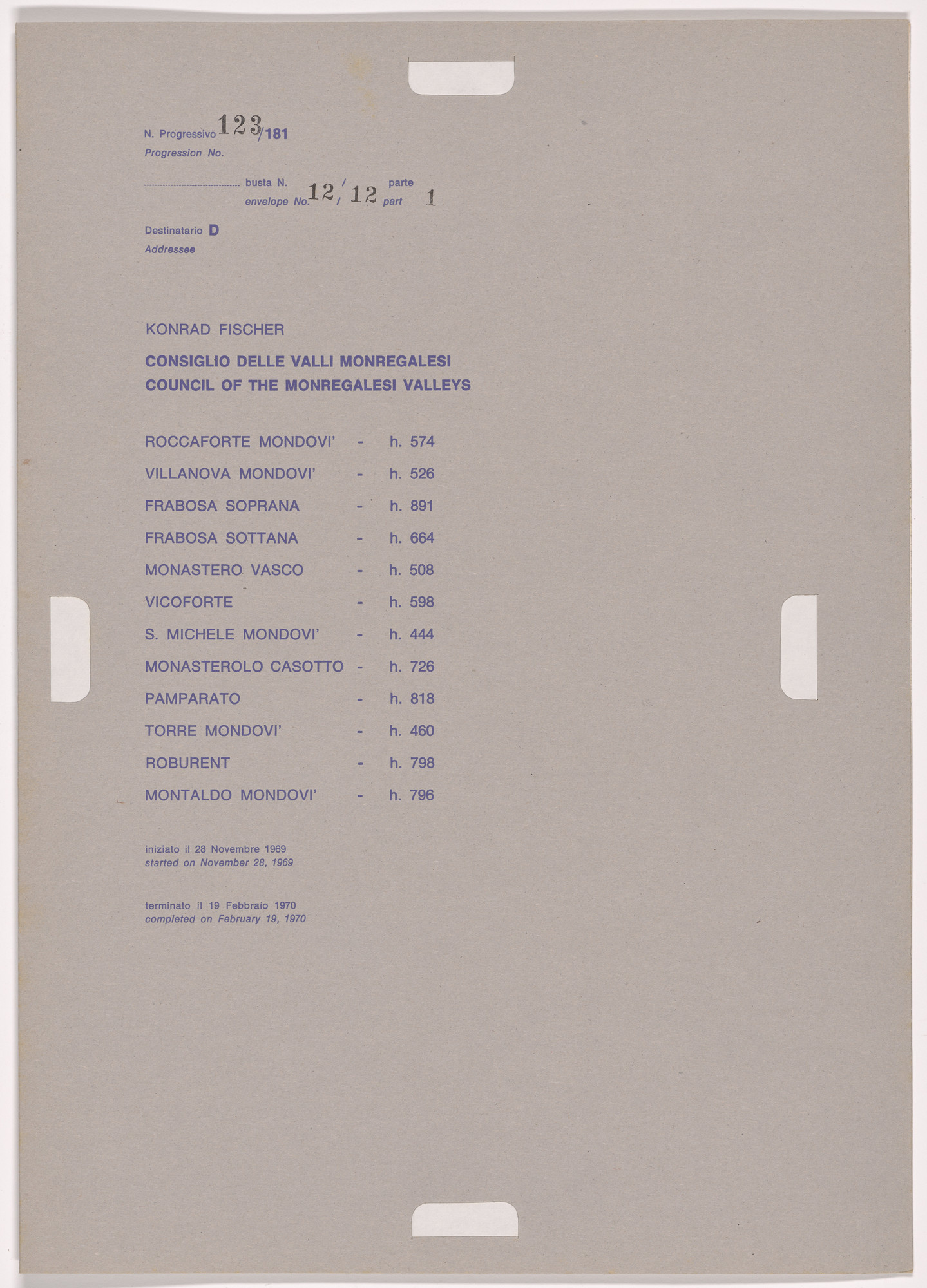 Alighiero Boetti. Progression No. 123 from Postal Dossier (Dossier postale)