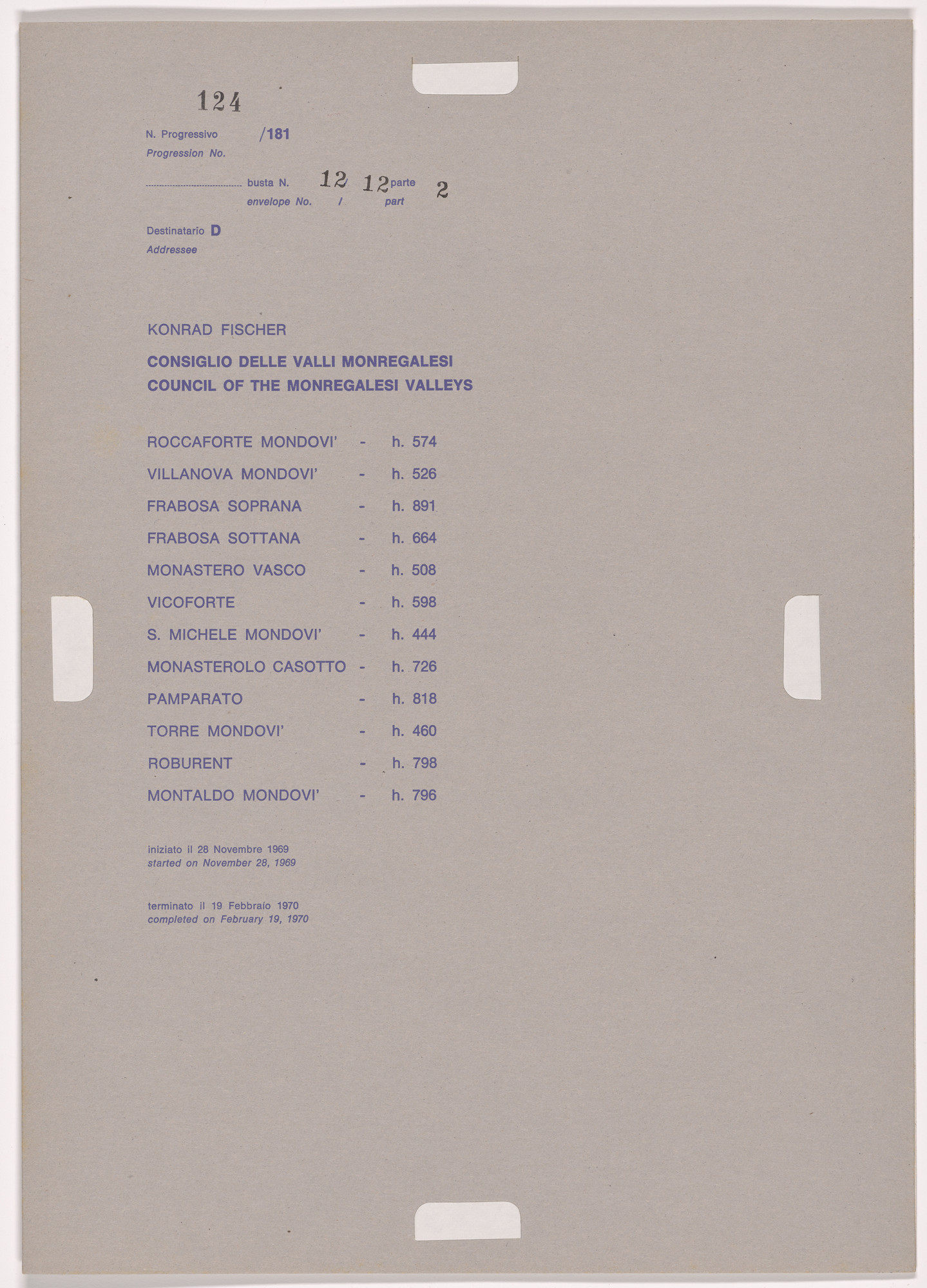 Alighiero Boetti. Progression No. 124 from Postal Dossier (Dossier postale)
