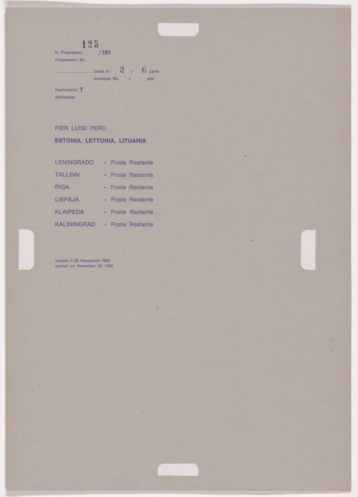 Alighiero Boetti. Progression No. 125 from Postal Dossier (Dossier postale)