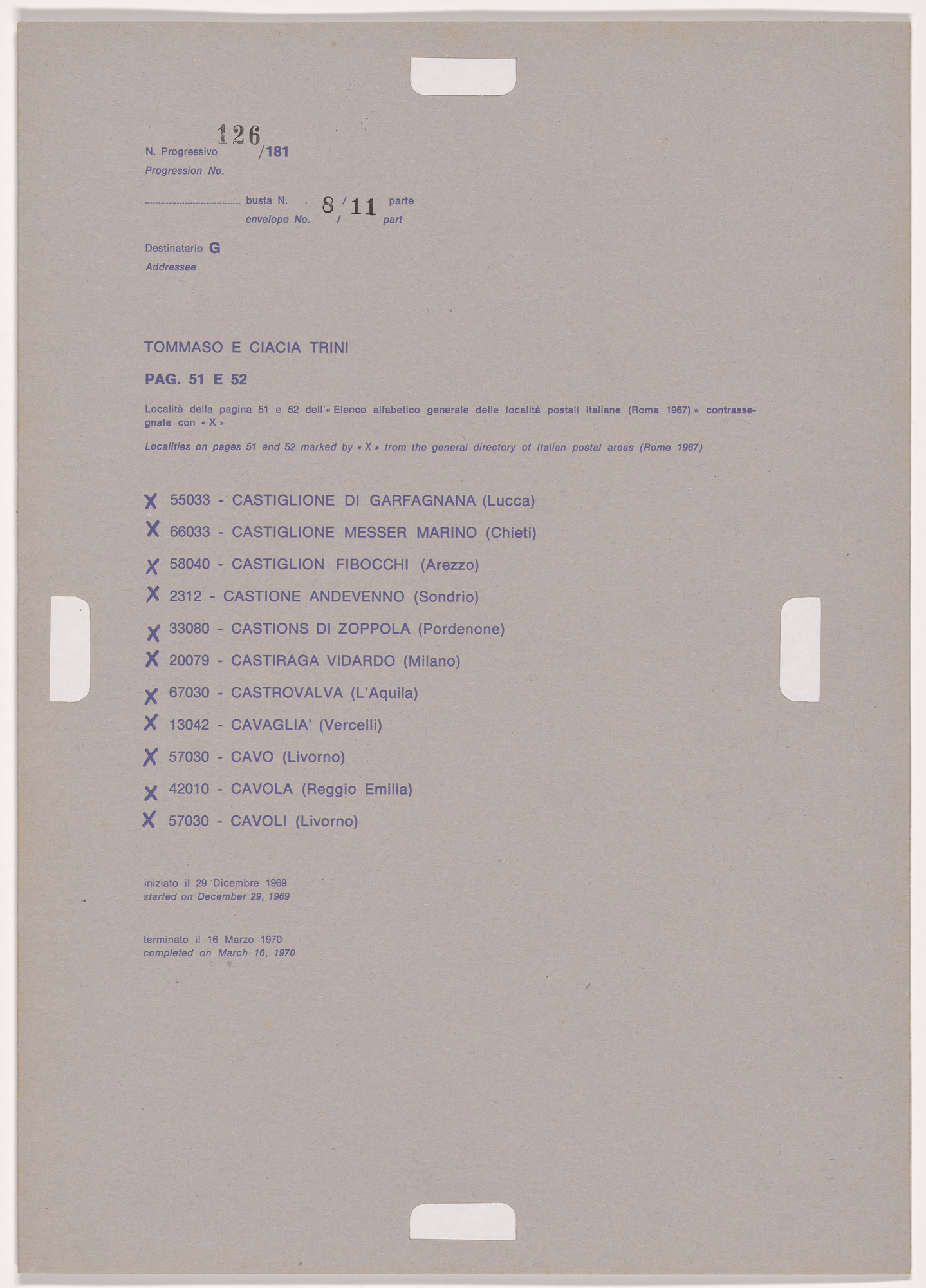 Alighiero Boetti. Progression No. 126 from Postal Dossier (Dossier postale)
