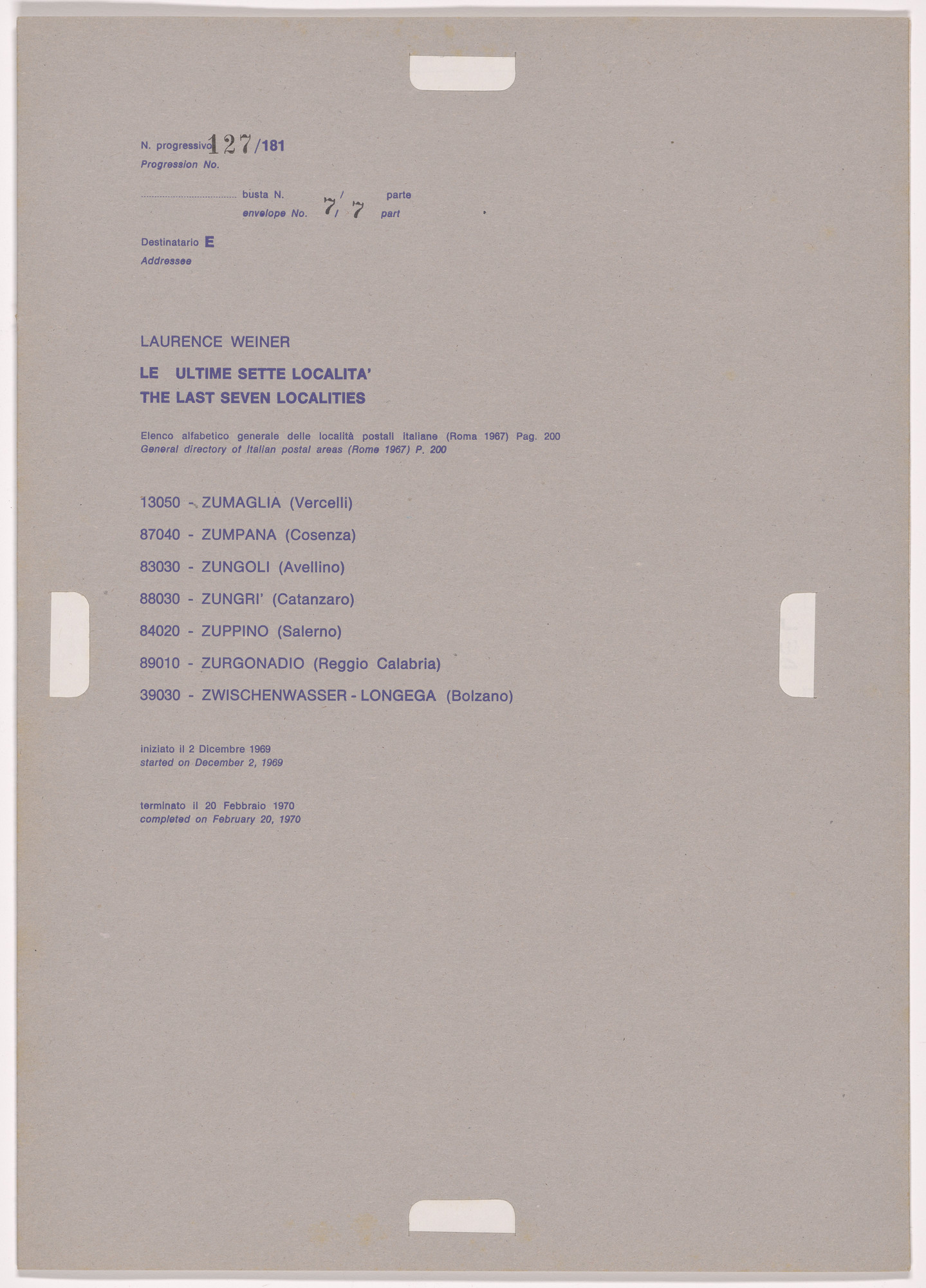Alighiero Boetti. Progression No. 127 from Postal Dossier (Dossier postale)