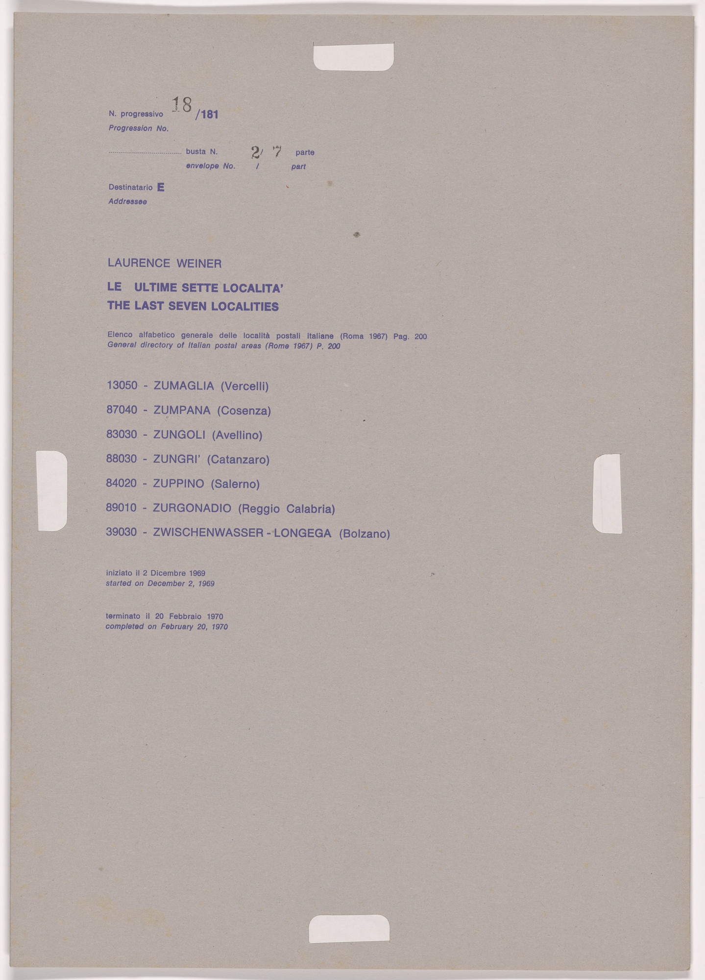Alighiero Boetti. Progression No.18 from Postal Dossier (Dossier postale)