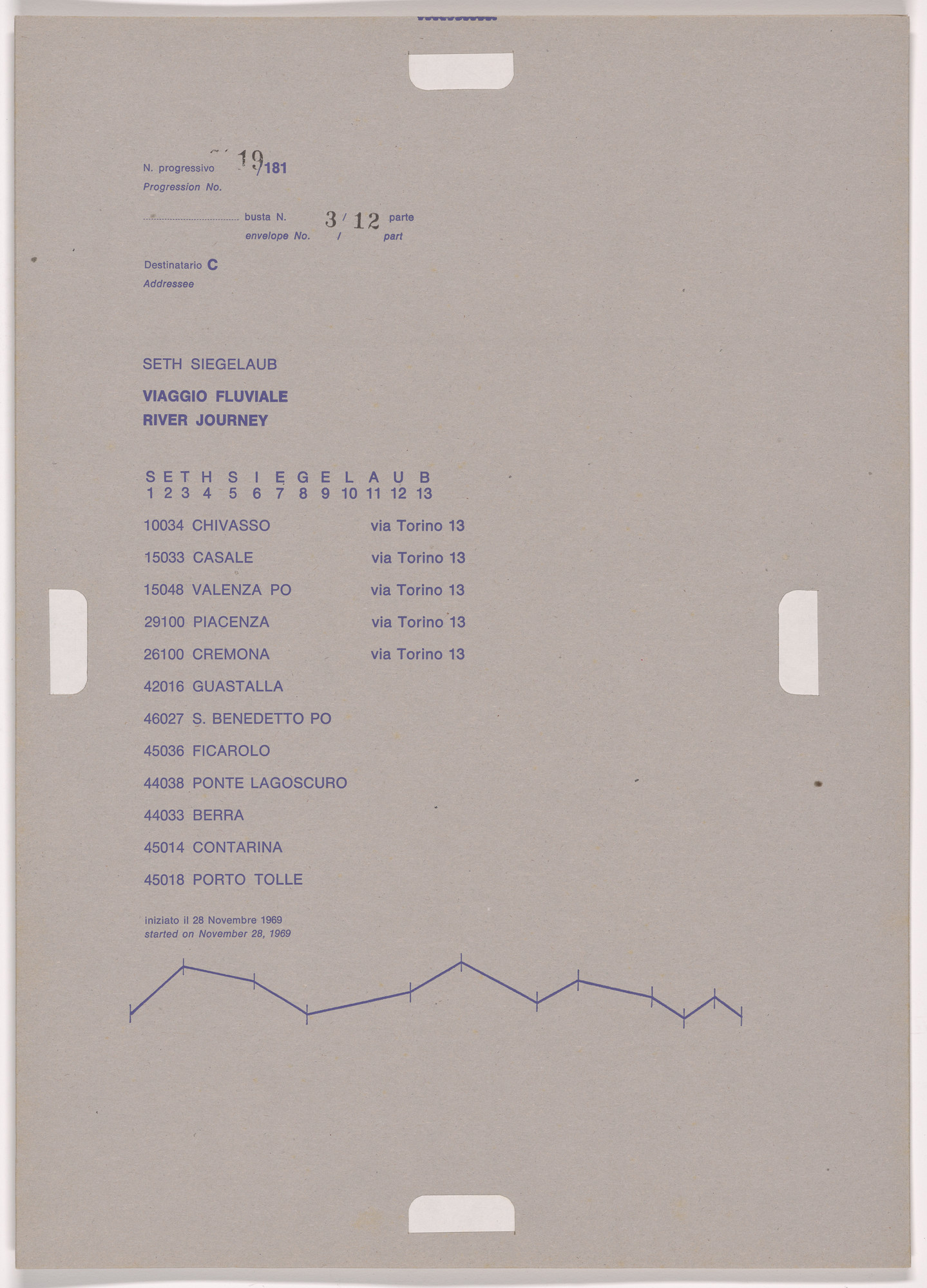 Alighiero Boetti. Progression No. 19 from Postal Dossier (Dossier postale)