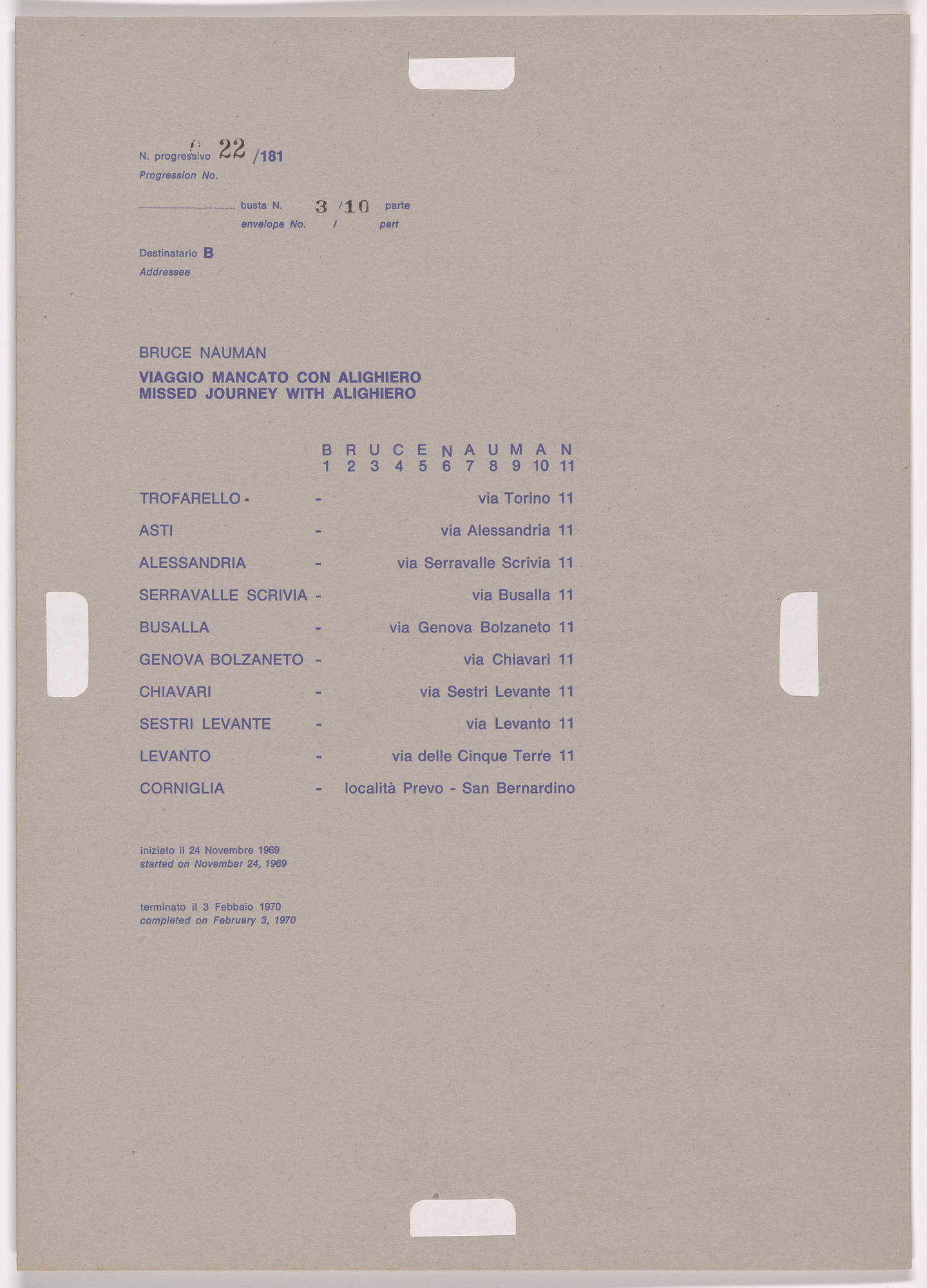 Alighiero Boetti. Progression No. 22 from Postal Dossier (Dossier postale)